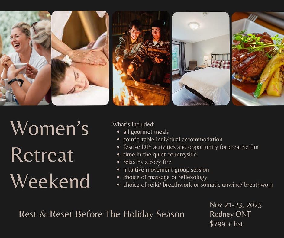 The Stable Grounds is a sanctuary designed with rest in mind.
This beautiful countryside property is ready to host you for a weekend of self-nourishment and luxurious care.
These lands will hold you while myself and the magical and talented Kate pamper you with your choice of Reflexology or Aromatherapy Massage from Kate, and from me, a choice of Breathwork + Reiki or a Somatic Unwinding Session.
In between your moments of pampering, you’ll partake in festive, hands-on making that invites your creative mind to soften and settle. It’s the perfect pause before the holiday season rush begins. A chance to exhale, reconnect, and remember what it feels like to be deeply cared for.
Nestled at The Stable Grounds in Rodney, ON (Nov 21–23), this women’s retreat is a beautiful blend of movement, rest, ceremony, and connection. Enjoy private accommodations, nourishing meals from our in-house chef, and time to simply be.
Spaces are limited, and this one is filling quickly.
It’s time to put you at the top of your priory list.
💖 Women only | Adults only
💰 $799 + HST (includes meals, accommodations & sessions)
📍 Rodney, ON
🗓️ November 21–23
👉 Send us a message to reserve your space
