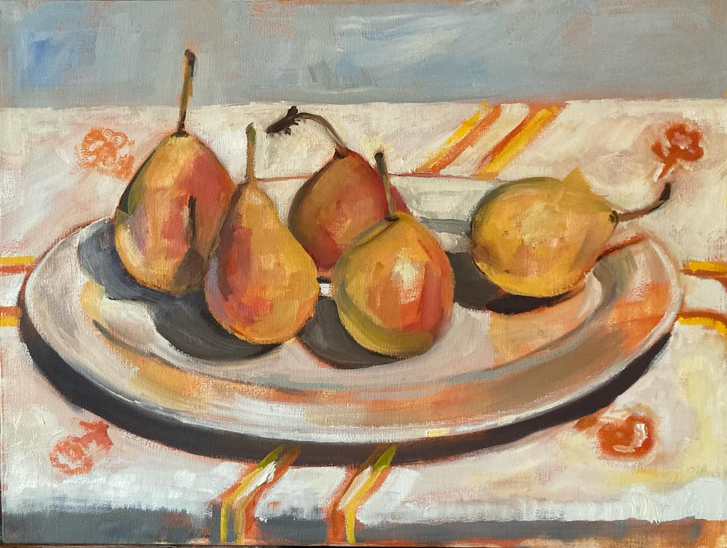 I found some beautiful pears to paint this week between commissions. Such gorgeous colours and on my grandmothers table cloth which I love. Happy autumn everyone. This painting is available- let me know if you’d like it.
#autumn #autumncolours #autumnweather #autumnfruits #pears #redpears #stillife #stillifeoilpainting #oilpainting #enjoyingnature #artforsale #suffolkfruit #suffolkartist #suffolkart #woodbridge
