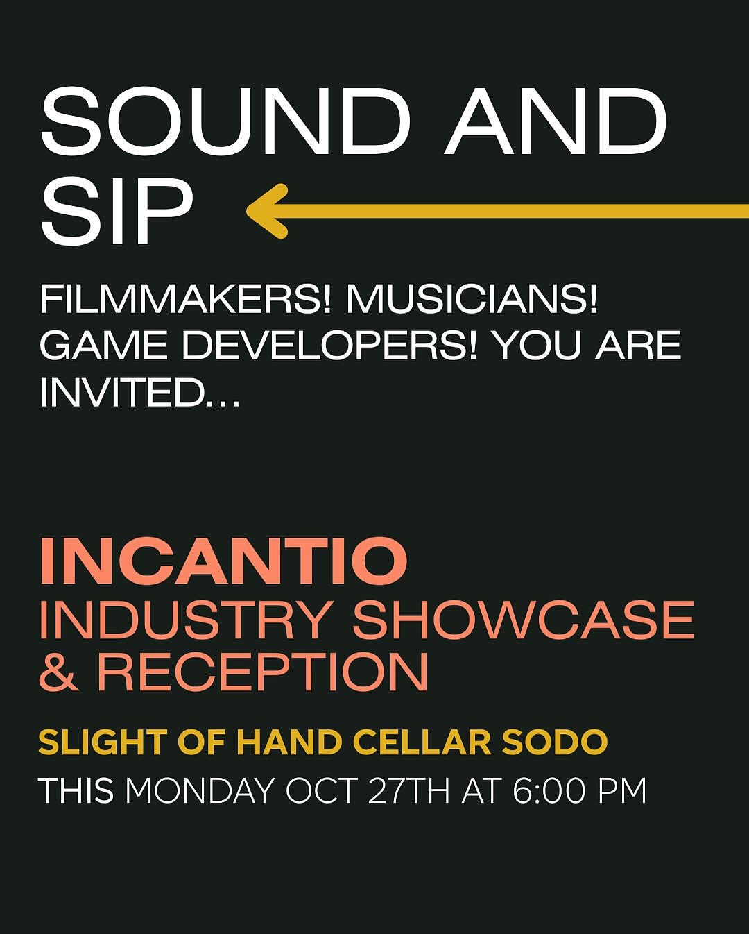 Get @reshare_app • @kingcountycreative You are invited. Incantio has been building a catalogue of pre-cleared local music. Filmmakers, game developers, commercial producers - this is a treasure trove for you. Join us Monday night for Sound and Sip to learn more. RSVP to pete@incantio.com See you there!