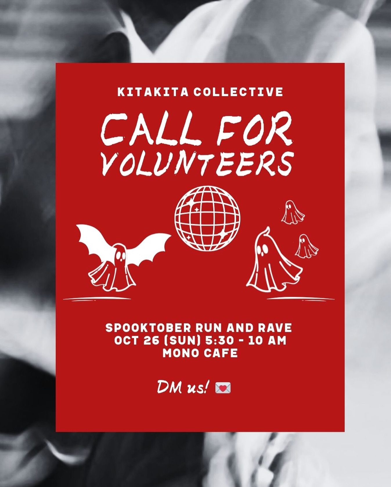 Missed our last event? This is your chance to see KKC closeup! Volunteer for our Spooktober Run + Rave with Mono and Not Just Friends ๐ป
We are looking for:
-social media content/walking guide
-hydration station manager
Become a KKC volunteer, connect with new people โพ๏ธ
DM us for more info