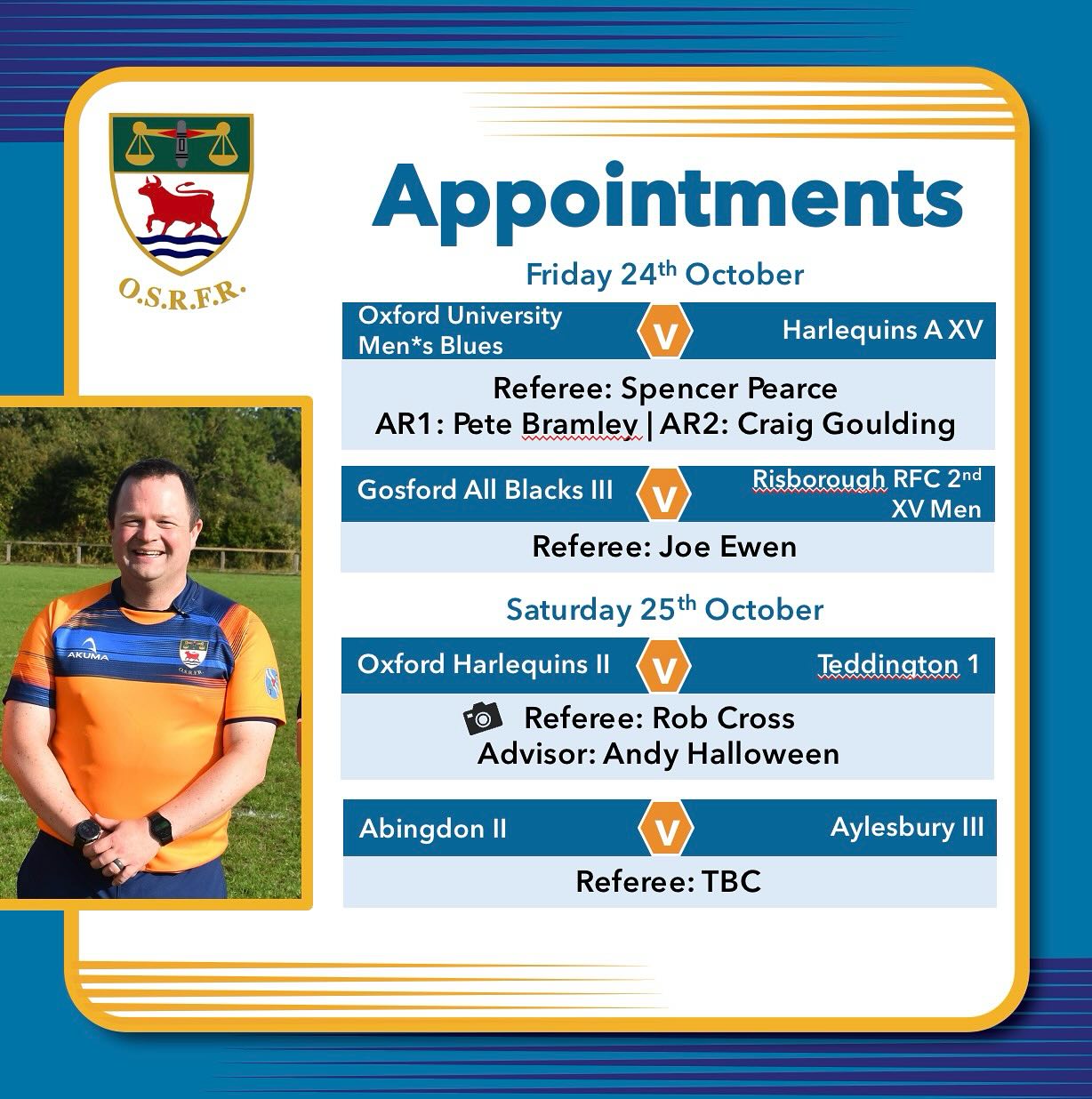 Update on the appointments for this weekend now that we’ve been able to confirm most games again. This isn’t always the case, though - and we are not the only society facing the prospect of having to make some tough choices about which games we prioritise. If your club is facing the ‘not enough refs’ issue, why not consider #takingupthewhistle and joining the society? Best part is that you get to decide your availability.
In the meantime, heads up to @gosfordallblacks @maidenheadrfc U16 girls’ teams, @chinnorrfcthame @abbeyrugbyclub colts teams, @chinnorkites @oxfordquins women, @oxfordshirerfu @grove_rfc_ladies @stowrfc @banbury_belles @rwbrfc women as we have most matches on Sunday, please ensure you’ve contacted your referee by tomorrow to confirm arrangements - kick-off times, venue and contacts for the day.
Check back in this weekend - we’ll update if there are any changes #keepyourbootson #inspire #takeupthewhistle #bepartoftheteam🌹 #seeitbeitrefit #whistleblowers #rugbyrefereeappointments