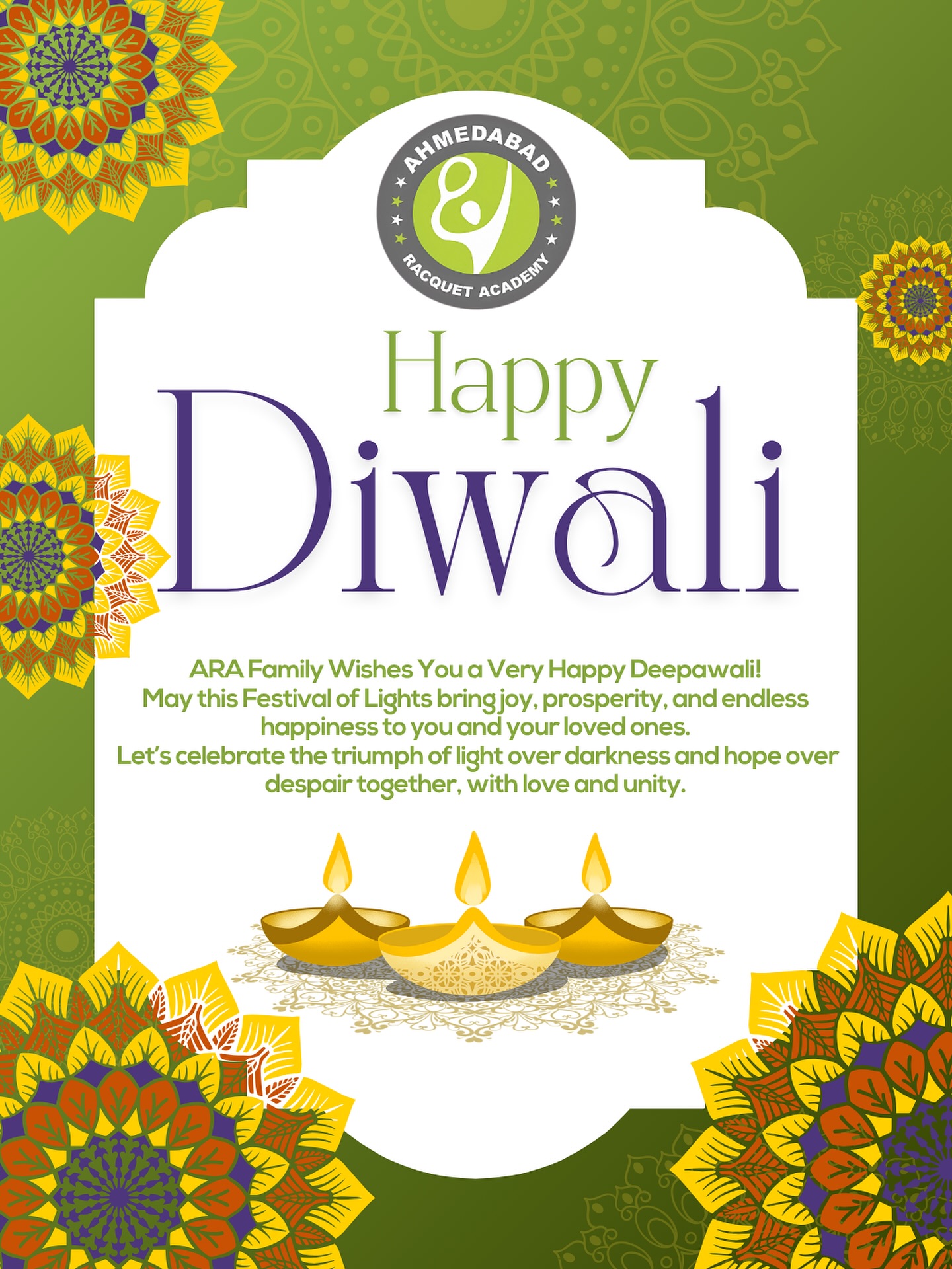 This Diwali, may the light of knowledge, discipline, and dedication guide us forward.
From the entire Ahmedabad Racquet Academy family, we wish you joy, wellness, and endless new opportunities.
May your homes shine with peace and your hearts with hope.
Warm wishes for a joyful and blessed Deepawali! 🪔✨