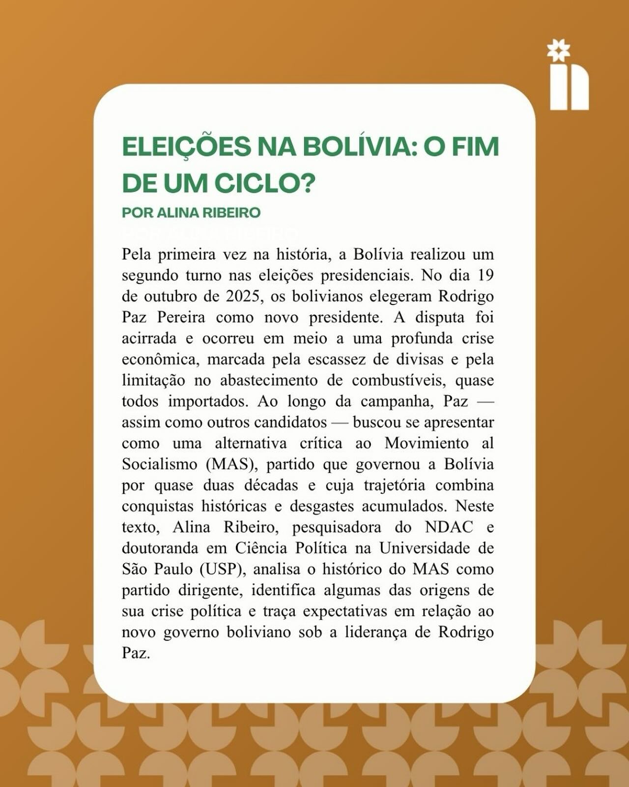 📋 DEBATE PÚBLICO 📋
Está publicado, no site do Núcleo de Democracia e Ação Coletiva (NDAC), o texto de Alina Ribeiro — doutoranda em Ciência Política e pesquisadora do Núcleo. No texto, Alina analisa como o resultado eleitoral na Bolívia marca o fim de um ciclo político-hegemônico do MAS, mapeando o surgimento de uma nova liderança e os desafios que se anunciam.
Acesse nosso site e leia o texto completo, o link está na bio.