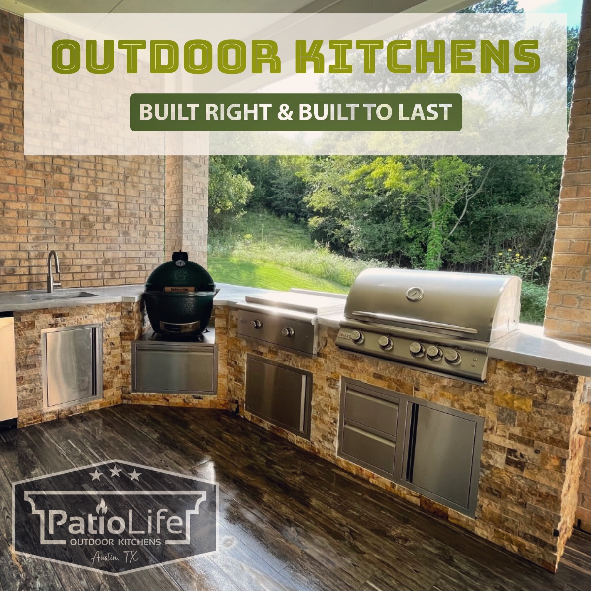From design to installation, our outdoor kitchens combine craftsmanship, function, and durability so you can enjoy your space for years to come.
this kitchen features Blaze grill & griddle, RCS storage, Big Green Egg (XL), concrete countertops, and MSI - Tuscany Scabas stacked stone exterior finish.
#PatioLife
#outdoorkitchens
#austintx
#austinoutdoorliving
#DesignedwithMSI