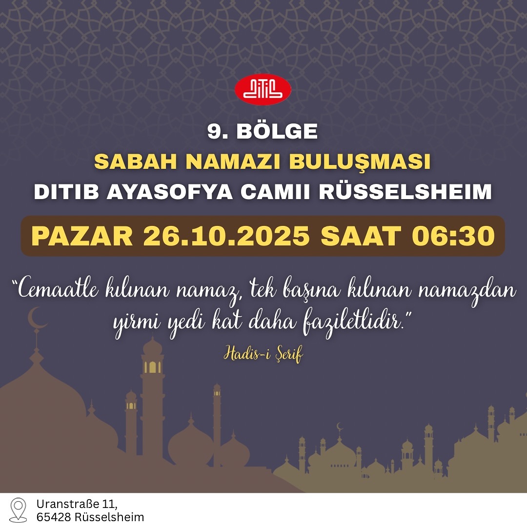 Değerli cemaatimiz,
Hepiniz 26 Ekim 2025 Pazar günü camimizde gerçekleşecek 9. Bölge Sabah Namazı Buluşması’na davetlisiniz.
Gelin, sabahın bereketiyle camimizi birlikte dolduralım 🌙🕌
Birlikte saf tutmak duasıyla… 🤲🏼