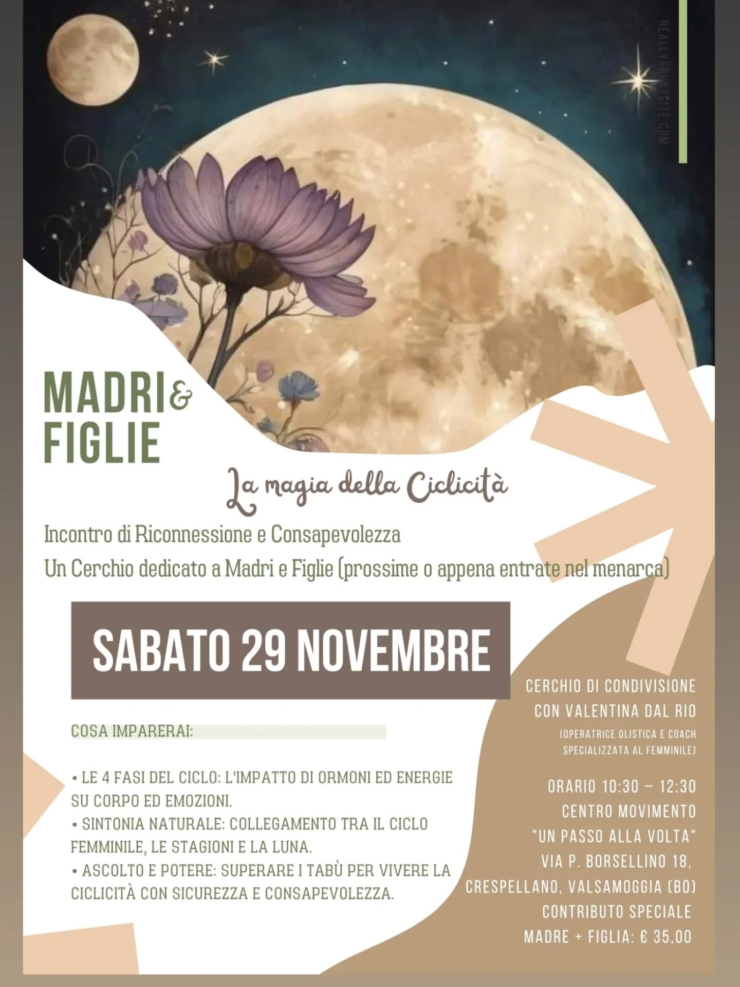 Madri & Figlie: Riscoprite la Magia della Ciclicità! 🌷
Un momento speciale di connessione e condivisione per esplorare insieme il potere del corpo femminile.
Ciò che non conosciamo ci spaventa, ma ciò che riconosciamo in noi ci dona grande sicurezza.
In un Cerchio protetto, impareremo a:
✨ Riconoscere le 4 Fasi Ormonali (Pre-Ovulatoria, Ovulatoria, Pre-Mestruale e Mestruale) e i loro impatti su corpo, emozioni ed energia.
✨ Connetterci con i Ritmi della Natura (Stagioni e Fasi Lunari).
✨ Superare i Tabù per una migliore qualità di vita.
Non subire passivamente i cambiamenti, impara ad accoglierli!
🗓️ Quando: Sabato 29 novembre | 10:30 - 12:30
📍 Dove: Un passo alla volta centro di movimento, Via Paolo Borsellino 18, Crespellano
💰 Quota: Madre + Figlia 35€
🔗 INFO E PRENOTAZIONI: link in Bio oppure scrivimi in DM
Ti aspetto per condividere questo Sacro Sapere!
Con Affetto,
Valentina Dal Rio
(Operatrice Olistica e c
Coach specializzata al Femminile)
www.valentinadalrio.com: EVENTI
#CiclicitàFemminile #MadriEFiglie #Connessione #CorpoEcoscienza #ValentinaDalRio #UnPassoAllaVolta #Crespellano