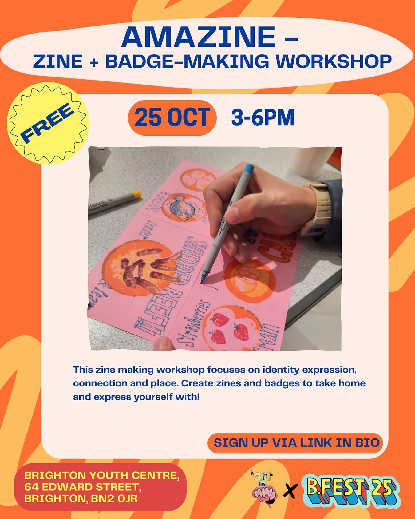 🎉🎉B.FEST kicks off tomorrow!🎉🎉
We’ll be at the launch running a zine-making + badge-making workshop in the Art room 🎨
It’s FREE with your B.Fest launch ticket 🎟️
📆 Sat 25th Oct
📍Brighton Youth Centre, 64 Edward St
If you haven’t got a launch ticket yet - 🔗 link in bio 🔗
Drop in, make something fun, and take it home with you ⭐️