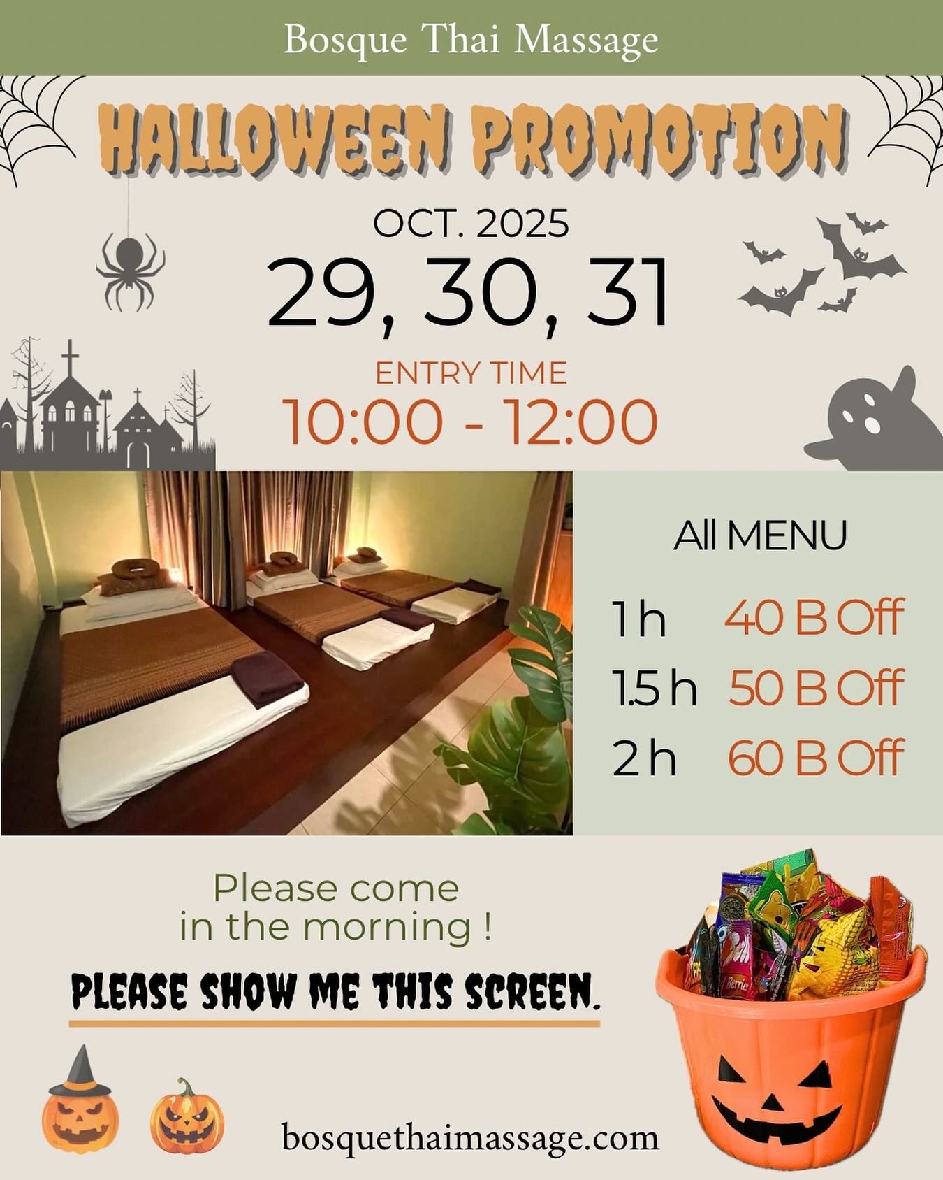 👻 Happy Halloween 🎃
You can get massage at a great deal.
We look forward to seeing you in the morning.
Please show this screen to get a discount. 📱
#halloween #massage #thaimassage #bangkokthaimassage #thailand #Bangkok #thonglo #bosquethaimassage #バンコクマッサージ #トンローマッサージ #タイマッサージ #ボスケタイマッサージ