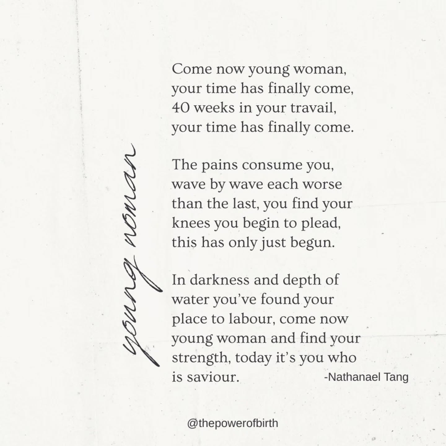 A poetic tribute to his wife, the mother of his child. What a beautiful reflective piece.
This poem, “Young Woman,” was written by @ntang_osteo witnessing the birth of his daughter, the rebirth of his wife, the sacred storm of birth and the endurance, unravelling and surrendering it calls for.
#birth #birthpoem #dadsperspective #becoming #matrescence #motherhood #fatherhood