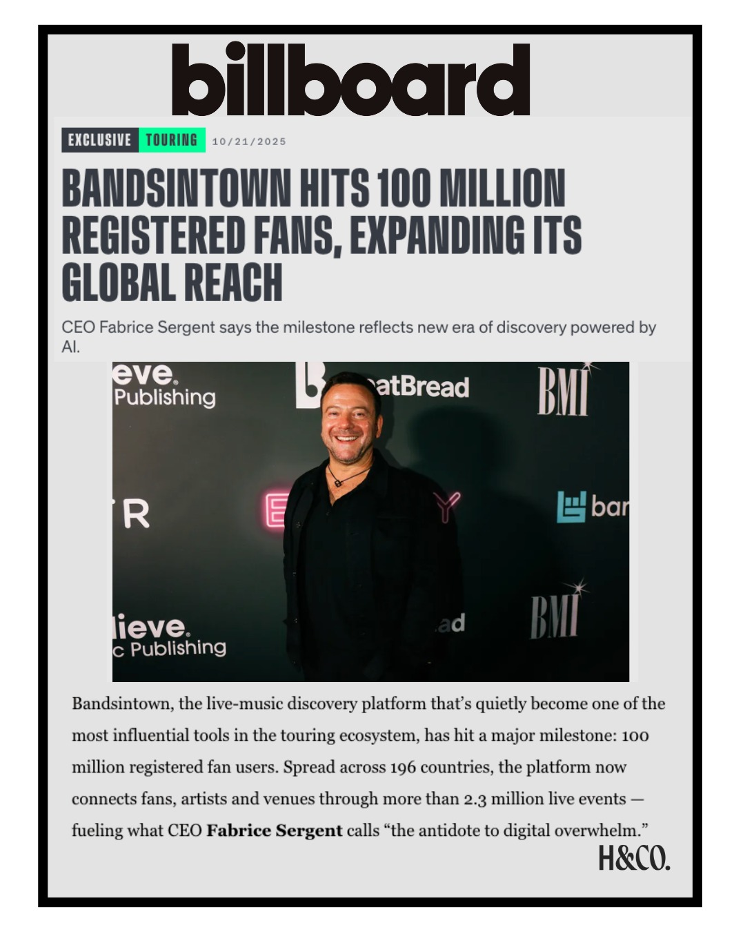 In a MAJOR milestone achievement this week, @bandsintown officially hit 100M registered fan users 👏🏼🏆Concert-goers worldwide depend on Bandsintown to supply them with the latest live music events, so they can stay connected to the artists they love - not to mention the 700,000 artists who also use their services to promote their upcoming shows. So wherever you're a fan looking to catch a show or an artist with a concert to promote, Bandsintown has your back.