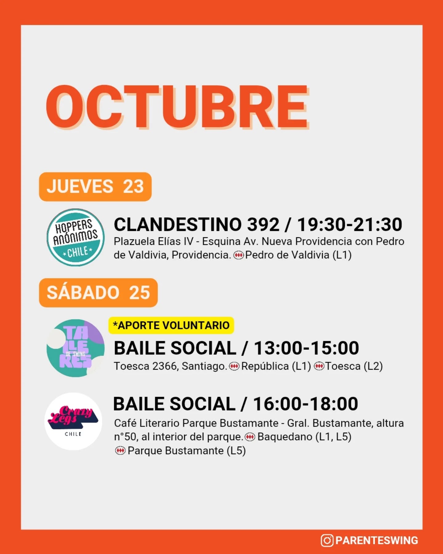 ✨Todos los eventos son gratuitos y abiertos a todo público, a menos que se indique valor de entrada 💸
‼️Cualquier modificación o nuevo evento en los comentarios👇🏻 y/o por historias 👆🏻
🤔 Qué es una Jam, Clandestino o Baile Social?
Una instancia donde fanáticos de los bailes swing (Lindy hop, Balboa, Shag, Solo jazz) se reunen a compartir, hacer comunidad y a la vez, practicar.
❌ Las actividades publicadas NO son instancias de clases para aprender a bailar, a menos que se indique “Taller” o “Clase Abierta”.
👀 Quieres aprender a bailar?
En nuestra historia destacada “CLASES” está toda la información y formularios de inscripción a los cursos del mes de las escuelas de bailes swing ✨
Nos vemos en la pista! 💃🏻🕺🏻🔥
#danzachile #lindyhopchile #swingchile #bailechile #eventoschile #danzasantiago #santiagodechile #panoramasgratis #swingdancechile #swingdancingchile #lindyhopperschile #panoramasgratis #panoramagratis #santiago