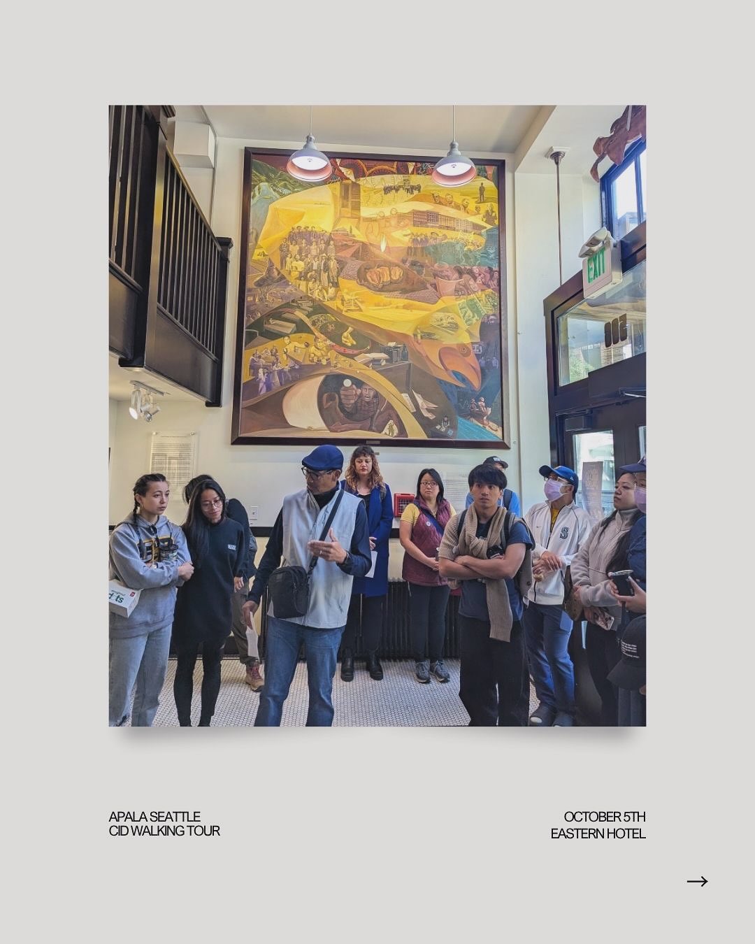 Thank you both to Ron Chew and David Della for leading a walking tour for our members through the Chinatown International District (CID) on Sunday 10/5. Sharing the stories of the activism in the area and its connection to labor history inspiring the formation of APALA Seattle. Ron, a local historian/journalist was born and raised in the CID working in the local restaurants while writing for the International Examiner about his peers fighting for basic rights. David, a local activist and former Seattle City Council member, worked in the Alaskan Cannery Factory as a teen organizing with fellow APALA leaders Gene Viernes and Silme Domingo highlighting the harsh conditions of Filipino workers. This history is a good reminder of those who fought for our rights and that these issues are still prevalent today. BUT we are the change our community is seeking and that we all have a part in the movement.
Special thanks to our partner InterIm CDA for hosting us at Uncle Bob’s place and allowing us a sneak peek at the community mural.