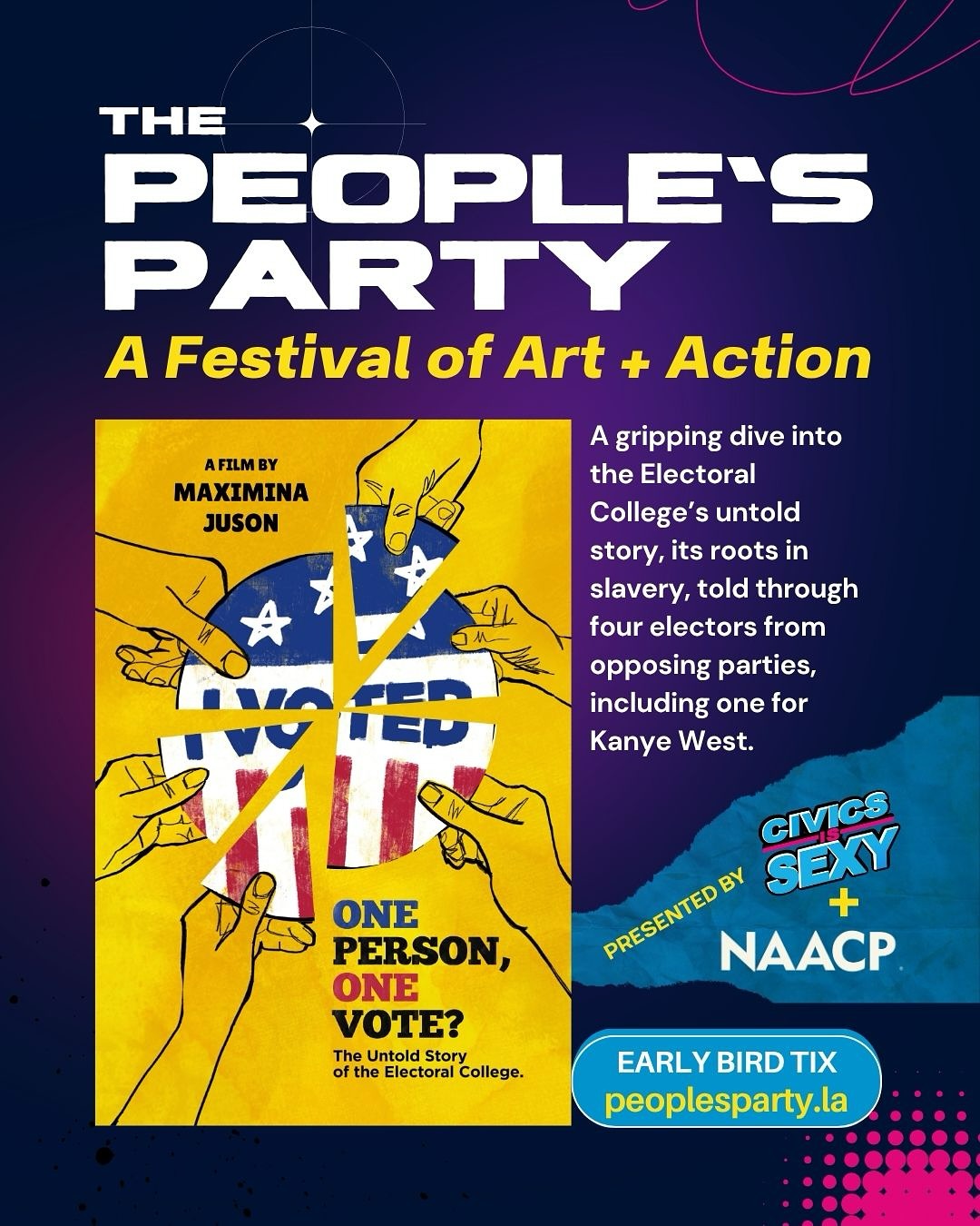 TIX: peoplesparty.la or link in bio.
Four ways we’re making civics sexy at The People’s Party:
One Person, One Vote? — the untold story of the Electoral College that will stun and entertain you. @1person1votedoc
Following Harry — a cinematic tribute to legacy, freedom, and Harry Belafonte @followingharryfilm
Trial by Jury — An engaging interactive experience where jury deliberations take the stage.
F.A.C.T.S. — an interactive dive into how to spot lies and drop disinformation.
Learning how the system works should feel as electric as the culture itself.
#ThePeoplesParty #CivicsIsSexy #FilmForChange #ArtAndAction