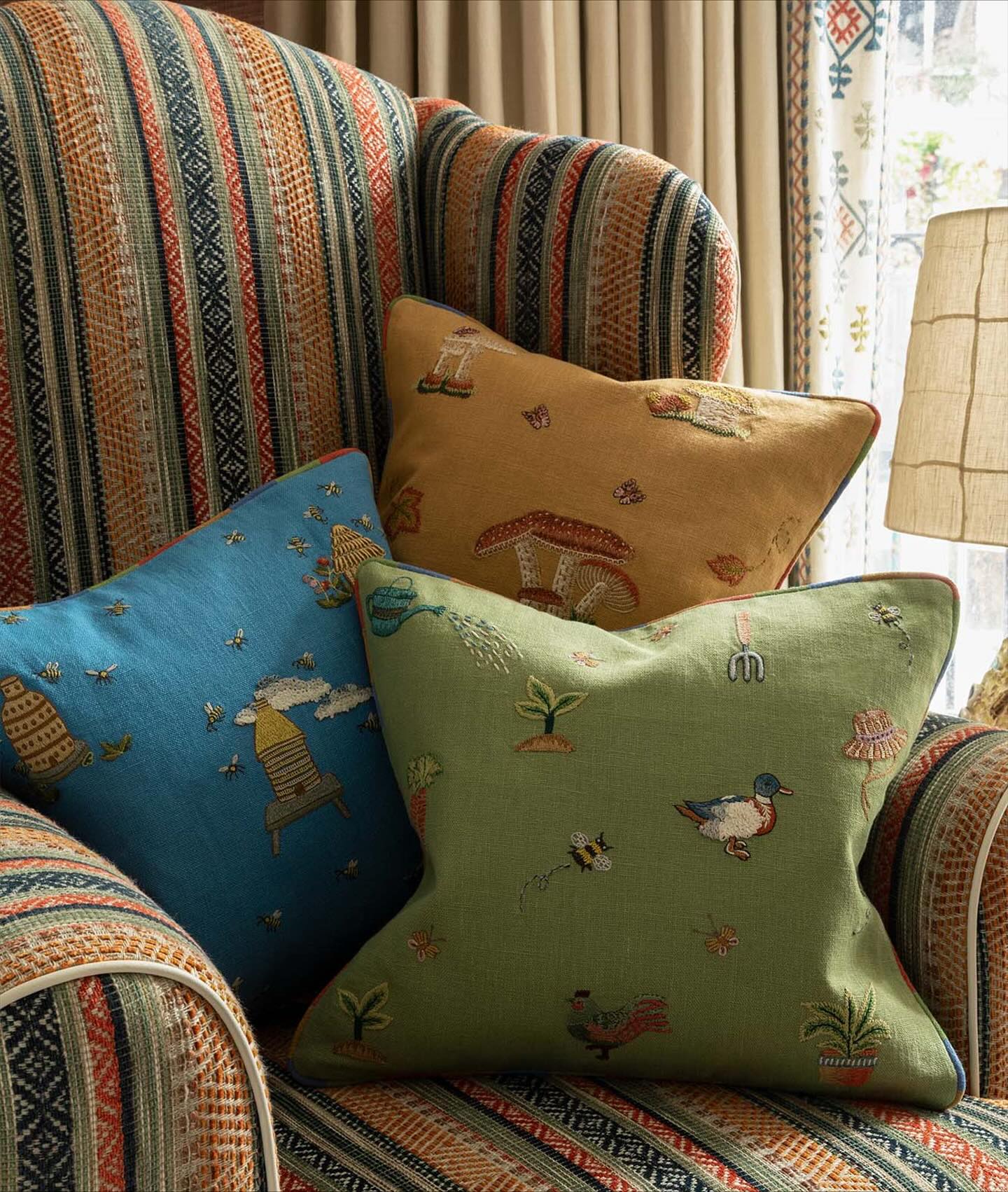 Garden Shed – What the gardener saw from his garden shed. Step outside into the English sun, where the hum of bees and the fragrance of wildflowers invite you to linger. A glimpse of country life with ducks and chickens, each stitch tracing the swirls of bees and butterflies as they hover among blooms.
“This fabric is a celebration of life’s simple pleasures — the joy of gardening, the beauty of nature and country bliss.” – Kit Kemp
Part of The Weekend Collection, available on two vibrant grounds.
See more on our website. 
#embroidery #handembroidery #english #interiordesign #textiles #englishcountryside #kitkemp