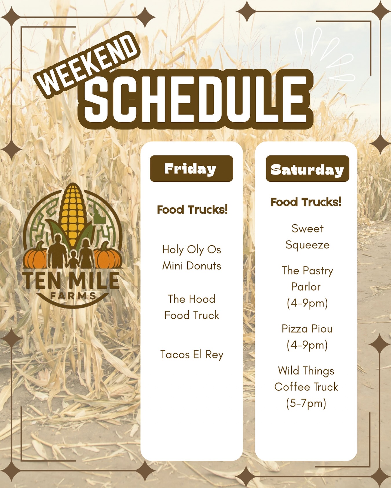 ๐๐ Weekend flavor alert at Ten Mile Farms! ๐๐
Weโve got a fantastic line-up of food trucks ready to serve up all your fall favorites! Come wander the corn maze, pick your perfect pumpkin, and grab some eats from these amazing local vendors:
๐ Friday:
๐ฉ Holy Oly Os Mini Donuts
๐ The Hood Food Truck
๐ฎ Tacos El Rey
๐ Saturday:
๐ Sweet Squeeze
๐ฅ The Pastry Parlor (4โ9pm)
๐ Pizza Piou (4โ9pm)
โ๏ธ Wild Things Coffee Truck (5โ7pm)
Bring your friends, your family, and your appetite โ itโs going to be a delicious weekend at Ten Mile Farms! ๐ฝโจ
#TenMileFarms #FoodTruckWeekend #FallFun #PumpkinPatchEats #CornMazeAdventures