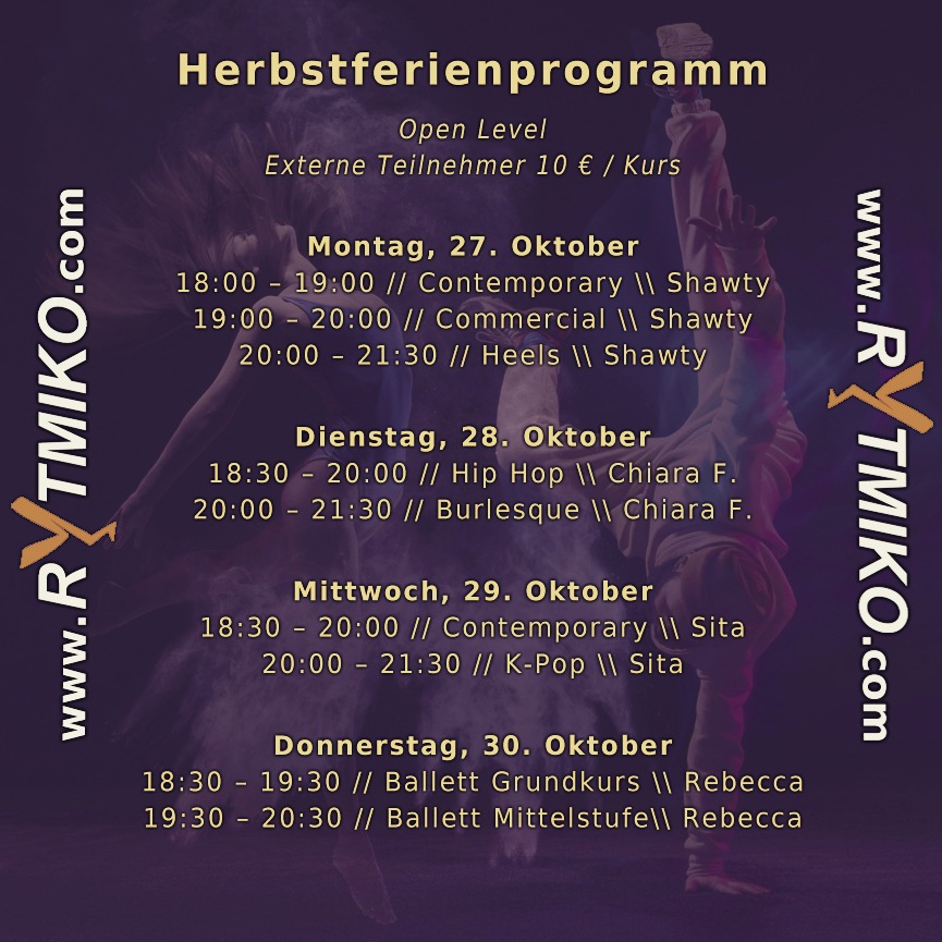 Hier ist unser Programm für nächste Woche. Wie immer kostenlos für unsere Members ab 12 Jahren. Habt viel Spaß, ab 03.11. geht es bei uns wieder Rund.