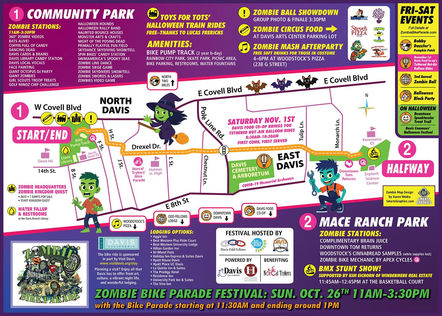 🧟♀️💀 The Zombie Bike Parade Festival is THIS WEEKEND! 🎃 HERE ARE ALL THE GUIDES YOU NEED IN ONE POST!
🪩🎼 Saturday night (adults only) join Davis Zombie Ball. Tickets at https://posh.vip/e/davis-zombie-ball-2-1
🚲🎉 Sunday: The main festival is from 11am–3:30pm — and the weather looks great! ☀️ Come to Community Park for 25+ Halloween entertainment stations, a BMX stunt show, FREE Halloween train rides, and the legendary Zombie Bike Parade (a fun, family-friendly 5-mile ride!). 🚴♂️🧟♂️ And we’ll end it all with Primally Playful Foundation — kids vs parents in an epic foam-ball ZOMBIE SHOWDOWN while our marching band plays music! 🎶🧟♀️ Then, keep the fun rolling at Woodstock’s Pizza downtown for our Zombie Mash Afterparty (4–6pm). 🍕💀
Hot-Air Balloon Rides are postponed until November 1st due to weather—see you then for an epic spectacle as we make Davis history with this new tradition! Join us at the Davis Cemetery for our tethered hot-air balloon rides from 8:30am–10:30am!
Visit 👉 www.zombiebikeparade.com for updates, schedules, and festival details.