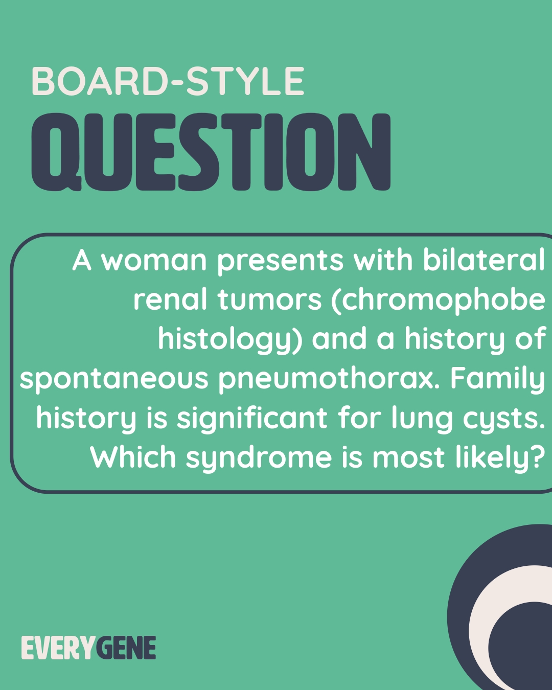 Fun Fact! The most common renal tumors in this condition are a hybrid of oncocytoma and chromophobe histologic cell types (oncocytic hybrid tumor); clear cell carcinoma and oncocytoma are also common.
Fun Fact #2! EveryGene would not be the same without all of you 💙 Thanks for interacting and making this fun!
#everygene #boardquestion
