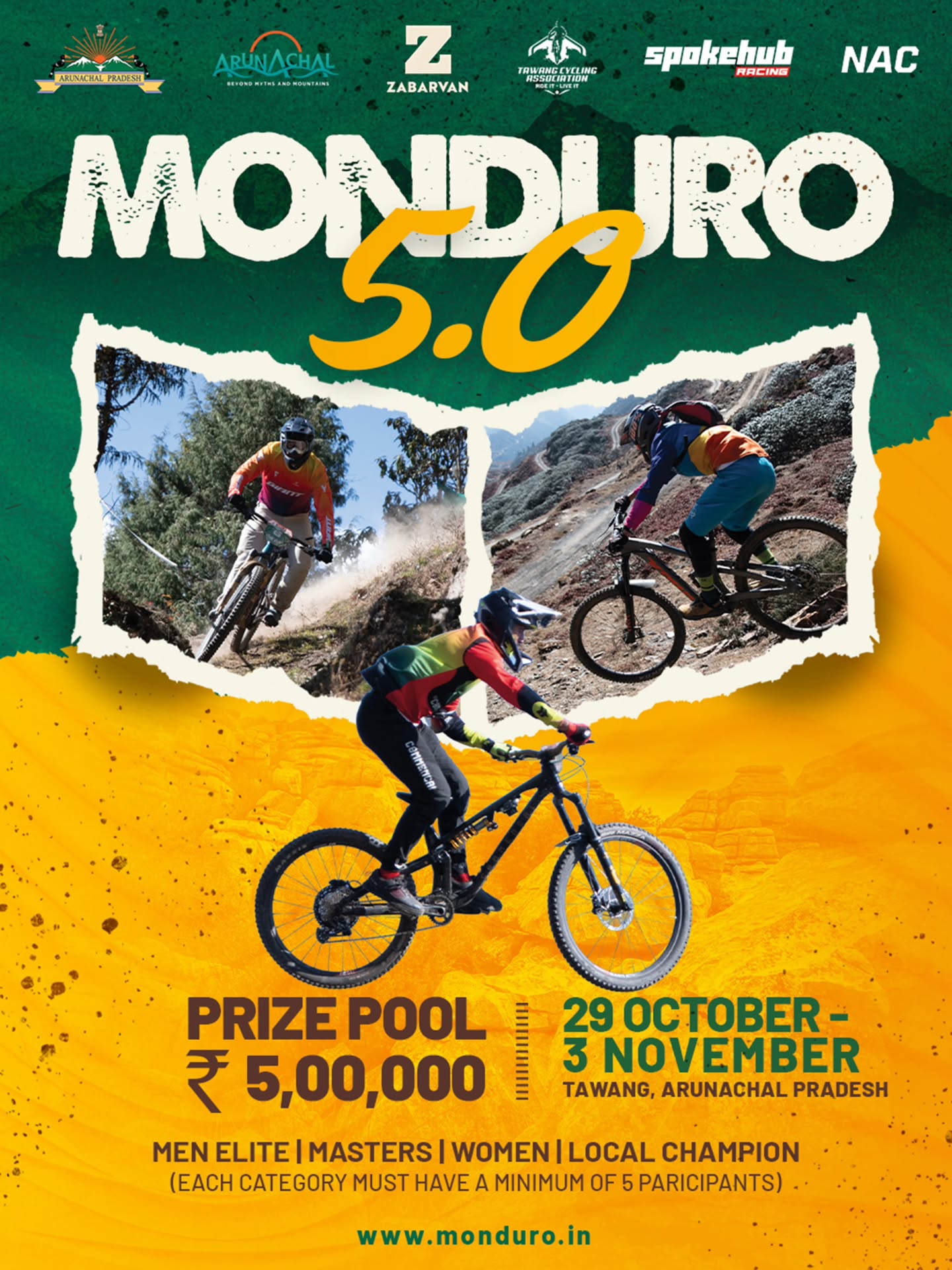 🏆 MONDURO 2025 🏁💨
The stakes just got higher! 💥
This year’s MONDURO brings a massive total prize pool of ₹5,00,000 🤯🔥
Get ready to ride harder, faster, and greener than ever 🌱
From epic trails to adrenaline-fueled descents — it’s time to claim your share of glory and gold! 🏔️🚴♂️💨
📍 Tawang, Arunachal Pradesh
🎯 Theme: Go Green — Ride Clean
💚 Say NO to plastic, YES to adventure!
@nac_cycling
@zab.arvan
@spokehubcycling
@awiryawan
Tag your crew, tune your bikes,
#Monduro2025 #GoGreenRideClean #Tawang #DownhillRace #Enduro #MountainBiking #RideForNature #ArunachalAdventure #EcoRiders