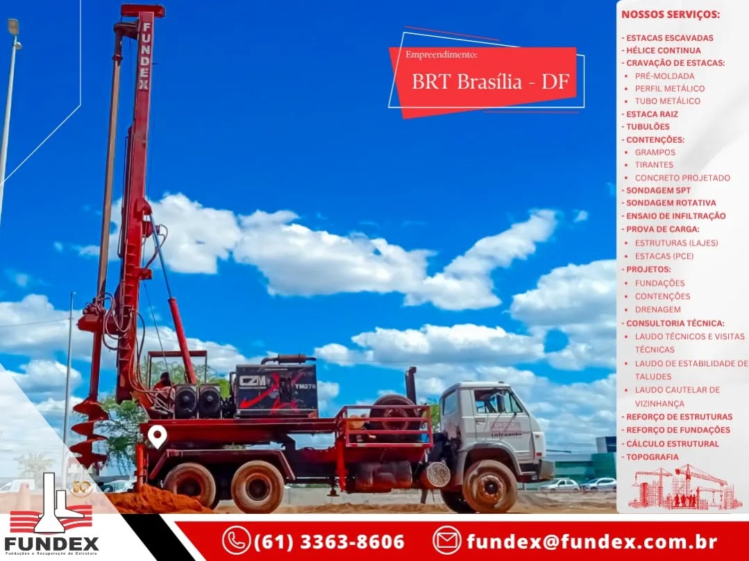 🚧 Fundex Fundações em mais um grande projeto de infraestrutura!
Estamos executando estacas escavadas para o Consórcio COMSA, na construção do BRT Brasília – DF.
Com tecnologia, precisão e segurança, garantimos fundamentos sólidos para uma obra que vai transformar a mobilidade urbana da capital federal.
💪 Fundex Fundações — experiência e confiança em cada metro escavado.
#FundexFundações #EngenhariaCivil #Infraestrutura #BRTBrasília #Obras #EstacasEscavadas #ConstruçãoCivil #DF #Fundações #ConsórcioCOMSA
