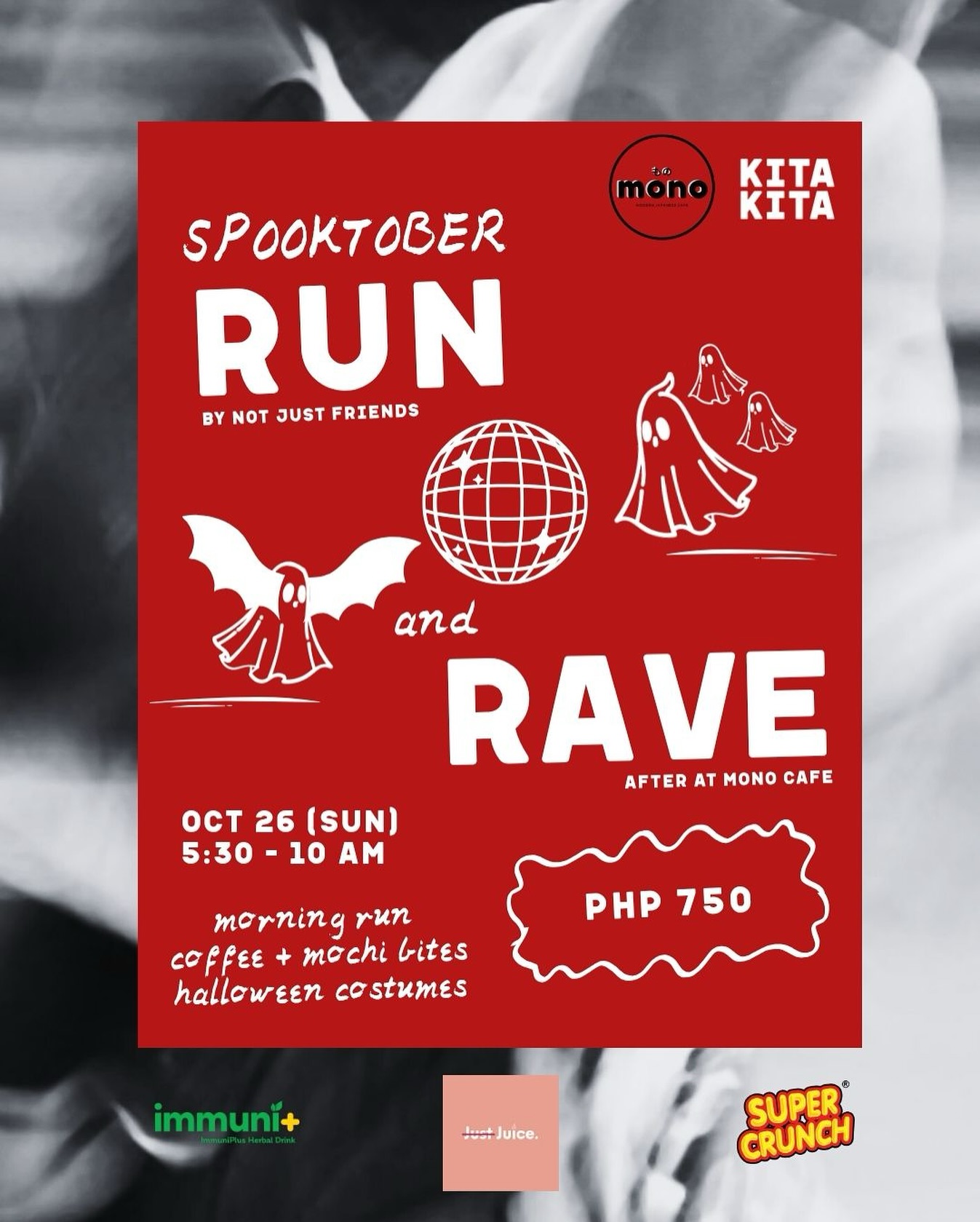 This is your last chance to join our first ever Spooktober Run + Rave this Oct 26, 5:30AM at @mono.ceb with @notjust.friends ๐โโ๏ธโ๏ธ
What to expect:
- Run with Not Just Friends ( Wear your best Halloween costume)
-Mochi bites and spooky drinks by MONO Cafe
-2 hrs of dancing with @earonph
-Kitakita bonding activities
Donโt ghost us ๐ป we have a few slots left! save your spot through the link in bio!