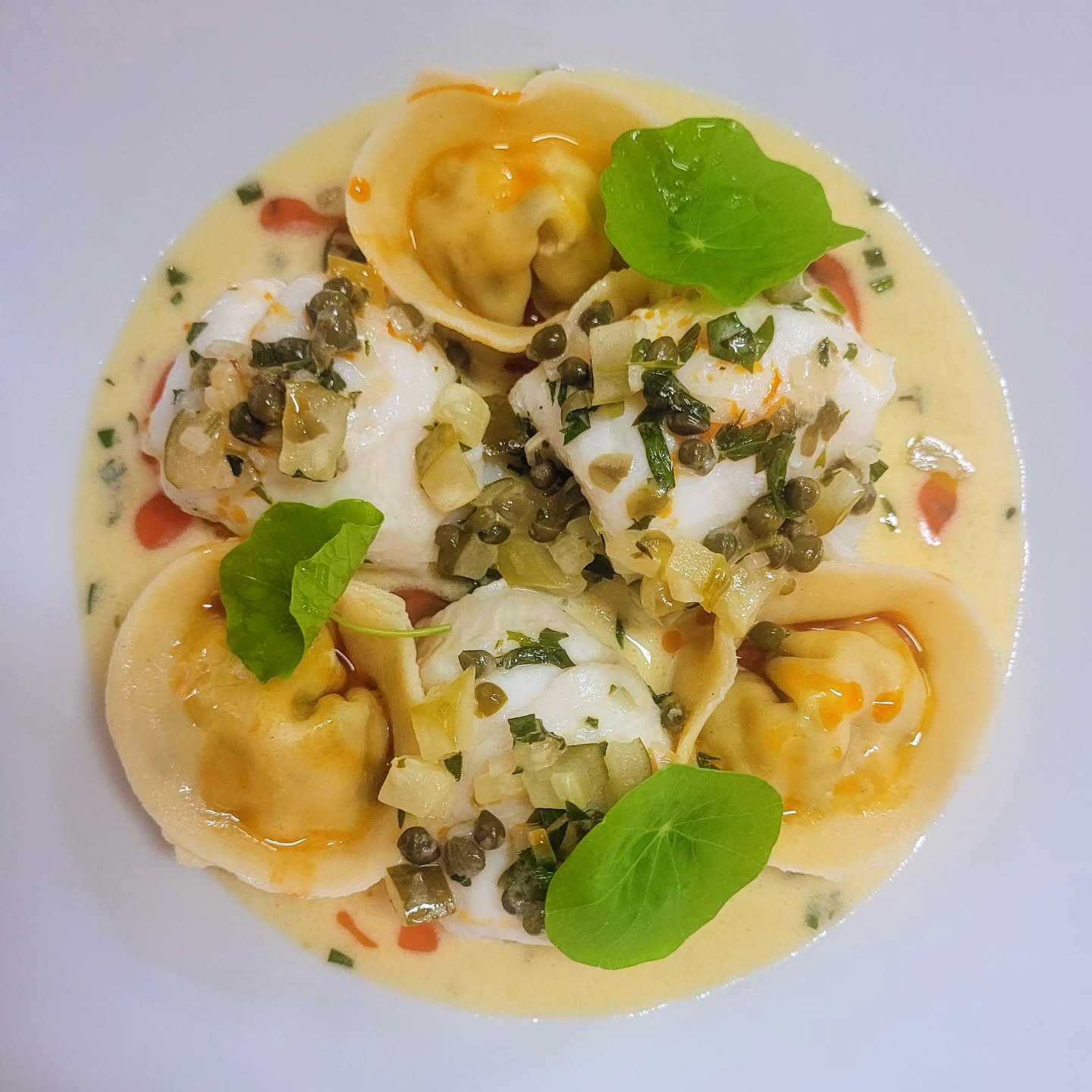 Tonight's market fish, lemon sole fillet, wild prawn tortellini, warm tartar, prawn oil, nasturtium