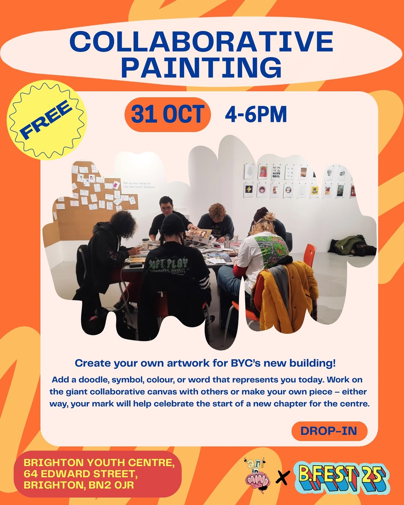 This FRIDAY is your chance to add your own touch to a collaborative artwork that will be displayed in the brand new BYC building!
Everyone is welcome, come make your make and be part of something lasting💖
📆 Friday 31 Oct
📍 Brighton Yourh Centre, 64 Edward St
🎟️ FREE
Let’s fill the new space with colour, creativity and community 🌟