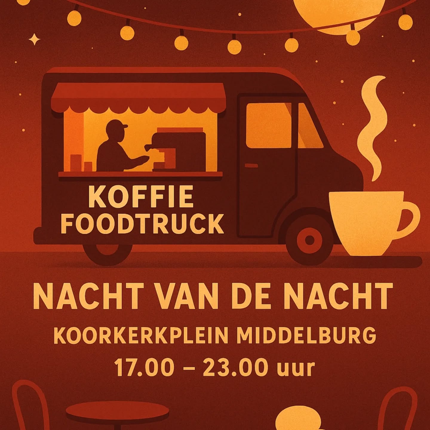 Nachtbrakers en koffieleuten opgelet!
Vanavond staat onze koffie foodtruck tijdens de Nacht van de Nacht in Middelburg, op het Koorkerkplein, van 17.00 tot 23.00 uur.
Laat het licht maar uit, wij zorgen voor de energie.
Kom opwarmen met dampende cappuccino’s, latte’s en chocolademelk die je handen (en hart) weer laten gloeien.
Volg de geur van versgemalen koffiebonen en vind ons in het donker
… we staan klaar om jouw avond nóg gezelliger te maken! ☕✨