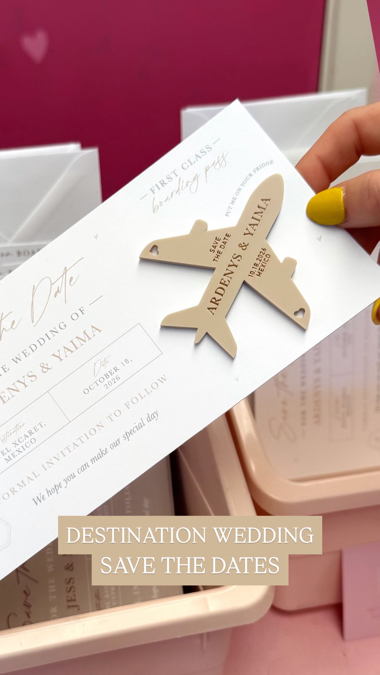 Set the tone for your destination wedding with these magnetic save the date boarding pass cards ✈️💍
All orders are designed and made in-house from start to finish, with a choice of 18 matte acrylic colours, mirror acrylic or oak wood. The boarding pass can be made in any colour to match your wedding colour scheme 💛
A keepsake your weddings guests will treasure long after the big day 💌✨
WORLDWIDE SHIPPING 🌍📬
Becci x
#destinationwedding #bridesofinsta #engaged #bride #2027bride #destinationweddings #bridesofinstagram