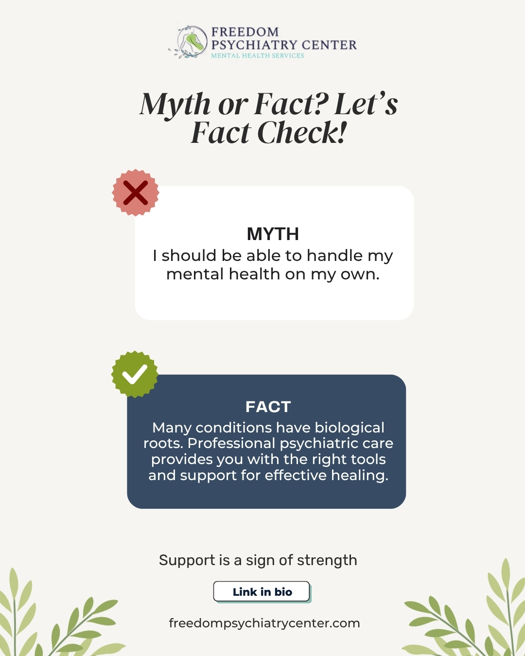 While resilience is important, many mental health conditions have biological components that require professional support, just like any other medical issue. You wouldn't try to "tough out" a broken leg. Getting expert help is a smart, effective way to care for your health.
#MentalHealthMyths #EndTheStigma #SeekHelp #FreedomPsychiatry #MentalHealthMatters #ItsOkayToGetHelp #SelfCare #AZMentalHealth