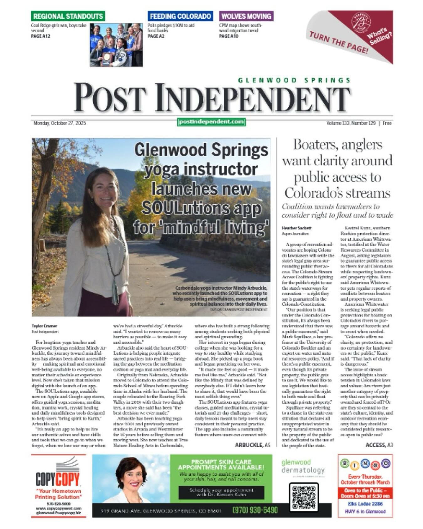 Wow — what a full-circle moment. 🦋
I opened the Glenwood Springs Post Independent this morning to see the SOULutions App featured right on the front page!
This little seed of an idea has grown into something so much bigger — a space for mindfulness, meditation, and spiritual connection that’s accessible anytime, anywhere.
I’m deeply grateful to this beautiful community for supporting my journey from local yoga teacher to app creator. Here’s to sharing the power of Shakti and mindful living far and wide!
✨ Guided by Shakti. Rooted in You.
Download the app → https://onelink.to/soulutionsapp
#SOULutionsapp #MindfulLiving #ShaktiEnergy #GlenwoodSprings #ColoradoWellness #YogaEverywhere #SpiritualEmbodiment #DivineFeminine #MeditationPractice #AwakenYourLight @glenwoodspringspi @glenwoodspringscolorado