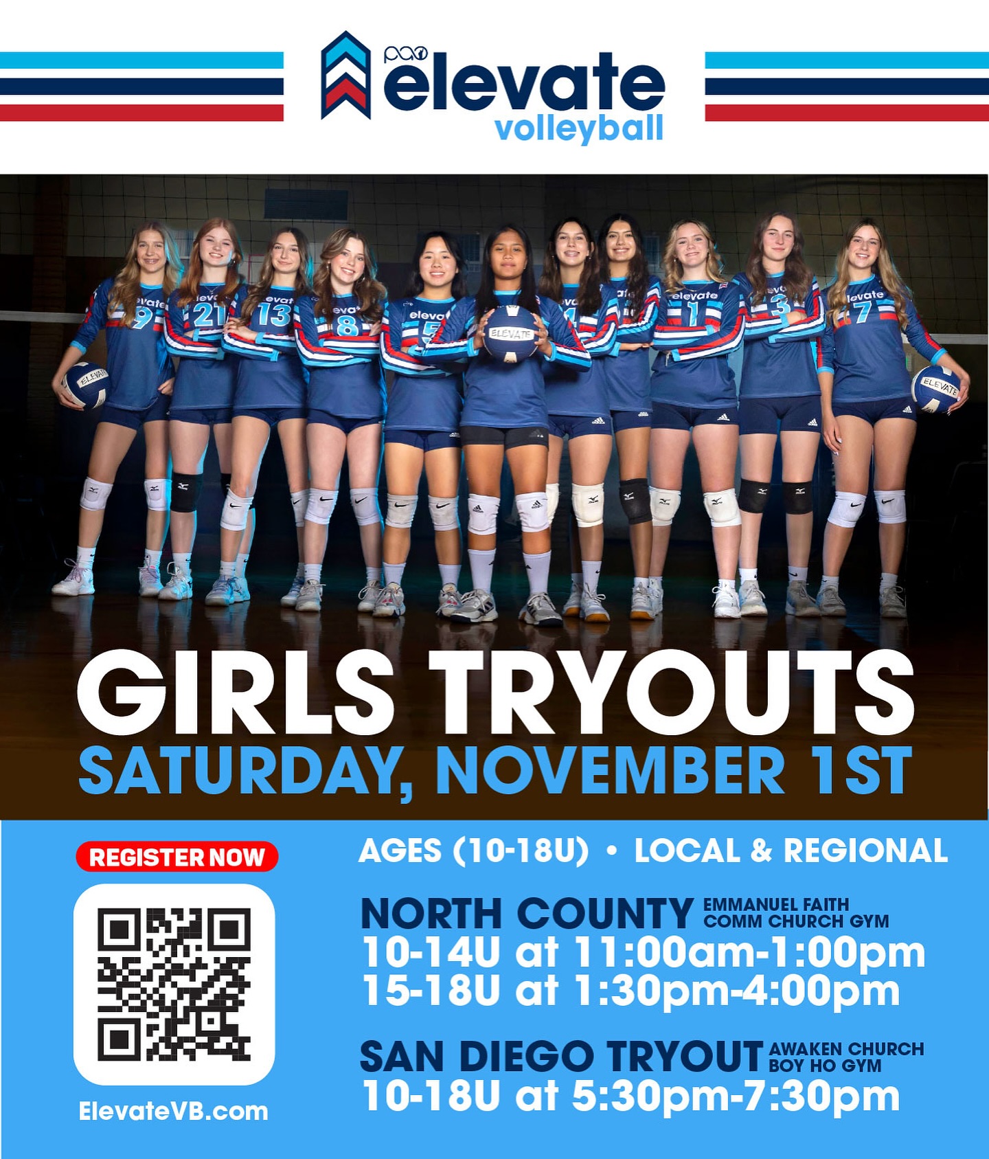 Happening this Saturday 11/1!! Don’t miss it. REGISTER TODAY FOR TRYOUTS at: ElevateVB.com #playasone #elevatevb