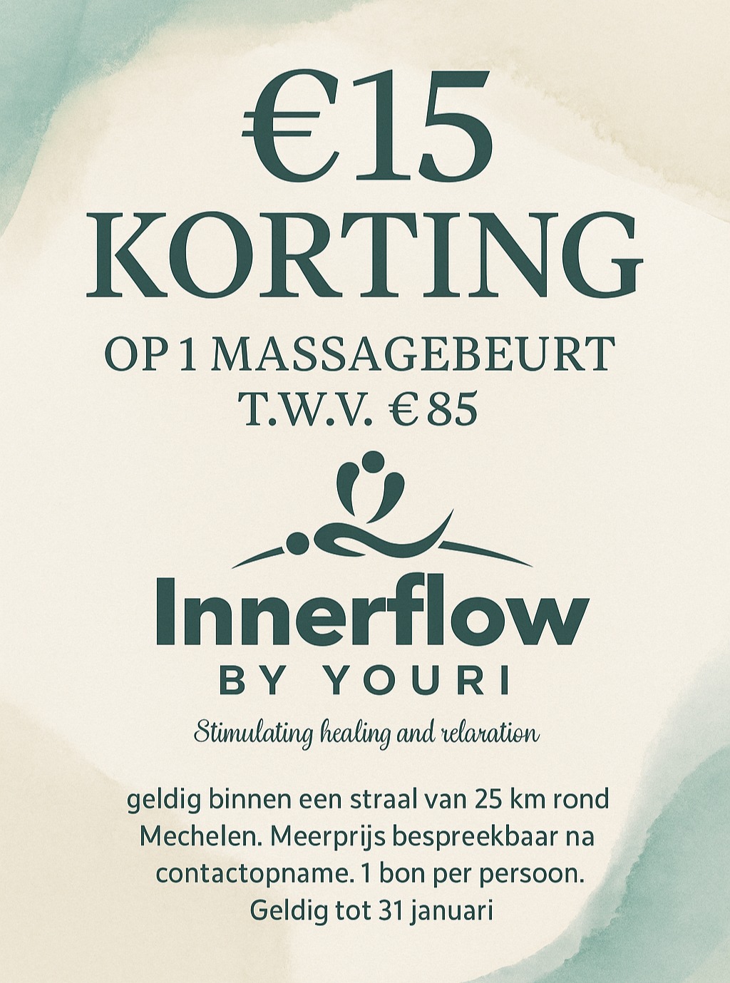 🌿 Gun jezelf of iemand anders een moment van pure ontspanning.
Bij Innerflow by Youri draait alles om het herstellen van balans — zowel lichamelijk als mentaal.
✨ Daarom krijg je nu €15 korting op een massagebeurt t.w.v. €85.
Voel de spanning wegvloeien, kom helemaal tot rust en laat je energie weer stromen.
💆♂️💫
📍 Geldig binnen een straal van 25 km rond Mechelen
📅 Geldig tot 31 januari
🎟️ 1 bon per persoon
📩 Meerprijs bespreekbaar na contactopname
👉 Boek je sessie of vraag meer info via DM of telefoon.
#InnerflowByYouri #Massage #Ontspanning #Wellness #Selfcare #Mechelen #MassageTherapie #RustEnHerstel