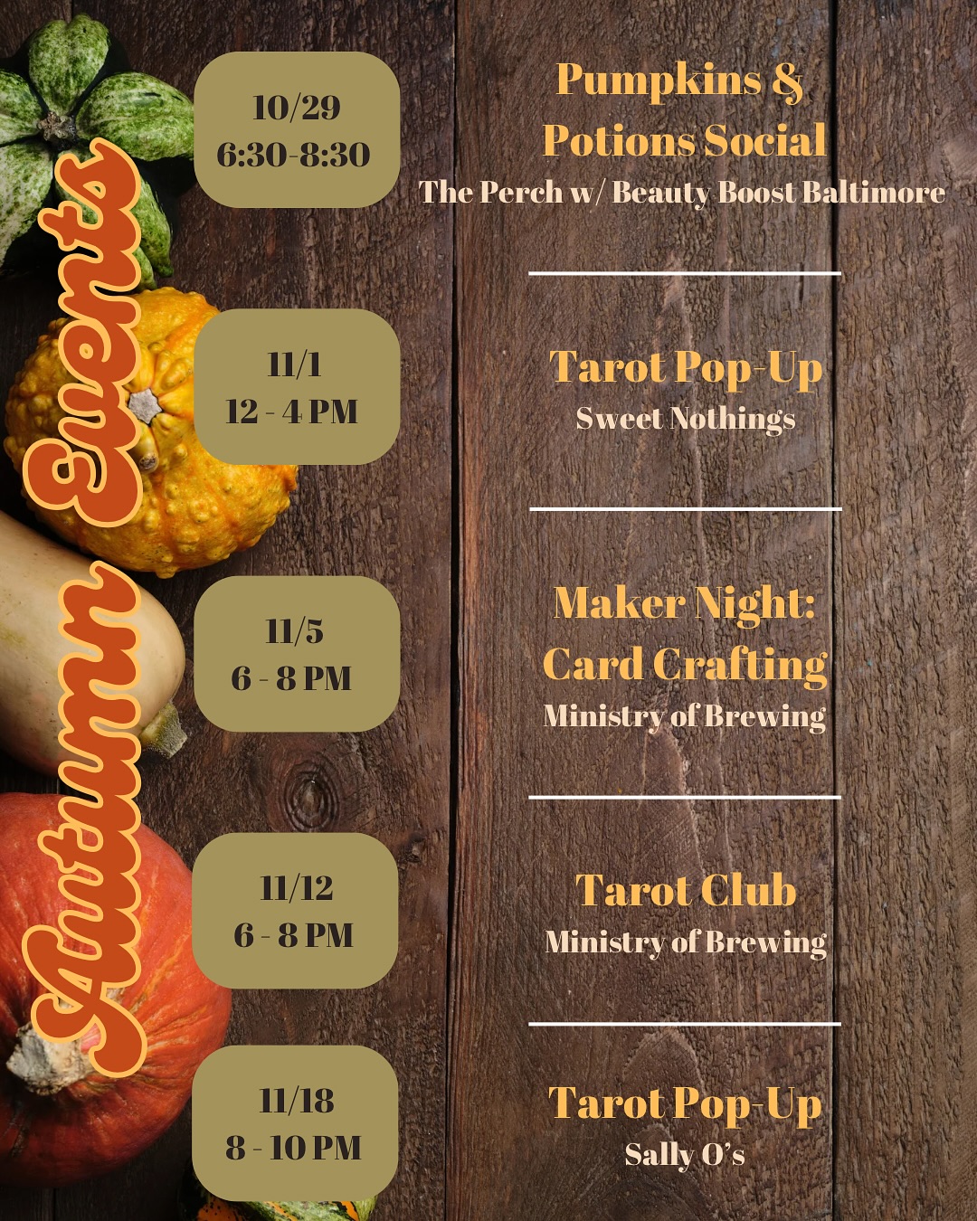 Halloween is almost here but we have plenty of fun events still planned for the fall!
This Wednesday join us @theperch_baltimore from 6:40-8:30 for @thebeautyboostbaltimore Pumpkins & Potions Social 🎃
Add some magic to your Halloween weekend this Saturday @sweetnothingsbookco where I’ll be popping up to offer tarot readings from 12-4 🔮
Wednesday 11/5 join us for a night of crafting @ministryofbrewing where you can get a head start on your holiday cards or any kind of cards you want to create ✂️
11/12 we’ll be gathering @ministryofbrewing four our last Tarot Club of the year! If you’ve missed the magic so far, now is your chance! ✨
11/18 I’ll be back @sallyosmd for another magical night of Tarot! Tarot readings are free with the purchase of an entree at this event 🔮
Hope to see you at one of these magical events to come!
#baltimoretarot #baltimoreevents