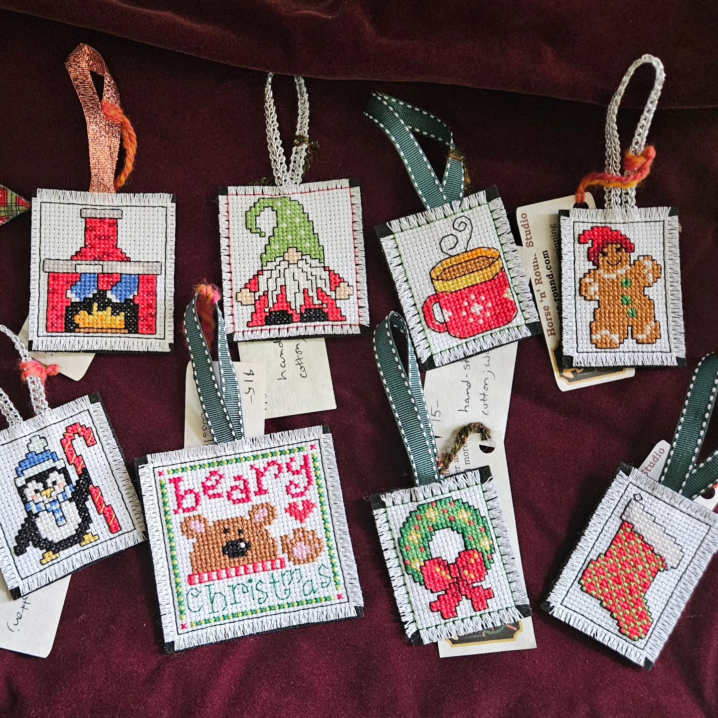 Something I haven't shown for a while is the selection of cross-stitched ornaments I still have in stock. Each of these was stitched by hand and sewn to a wool felt backing with a ribbon hanger. These are perfect to add a homey touch to your tree, or gift one as a stocking stuffer!
.
#christmasornaments #ornamentsfordays #crossstitch #cute #cuteornaments #adorable #handsewnorrnaments #handsewing #embroidery #handmadeisbestmade #horsenroundfiberstudio #smallbusiness #fiberartist #handmade #handmadegifts #christmasiscoming #christmas