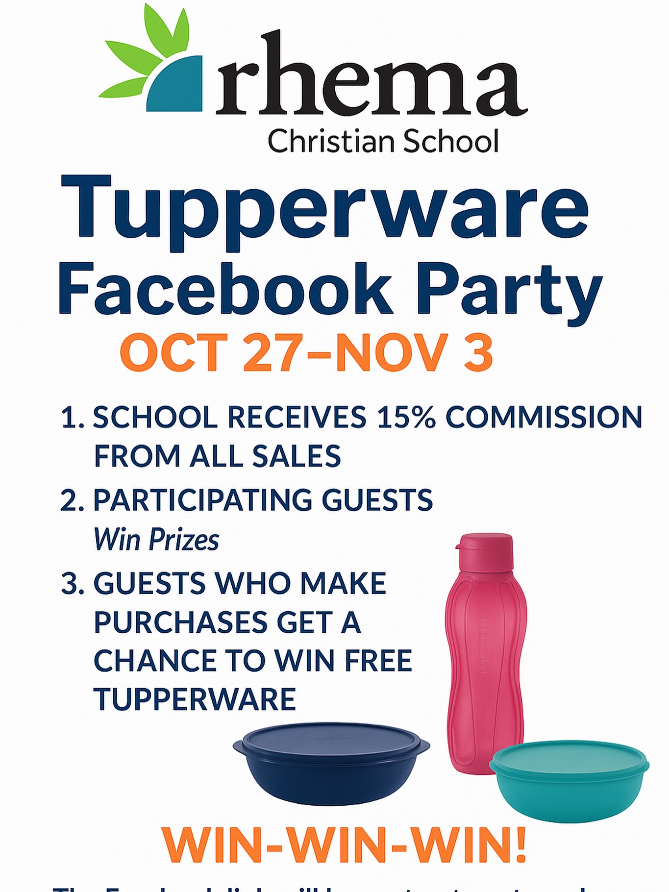 Join the party! Invite your friends! 🎉🎉
Rhema is having a Tupperware Party and 15% of all sales come back to the school.
If you’re not interested in the party, please feel free to shop using the direct shopping link below.
