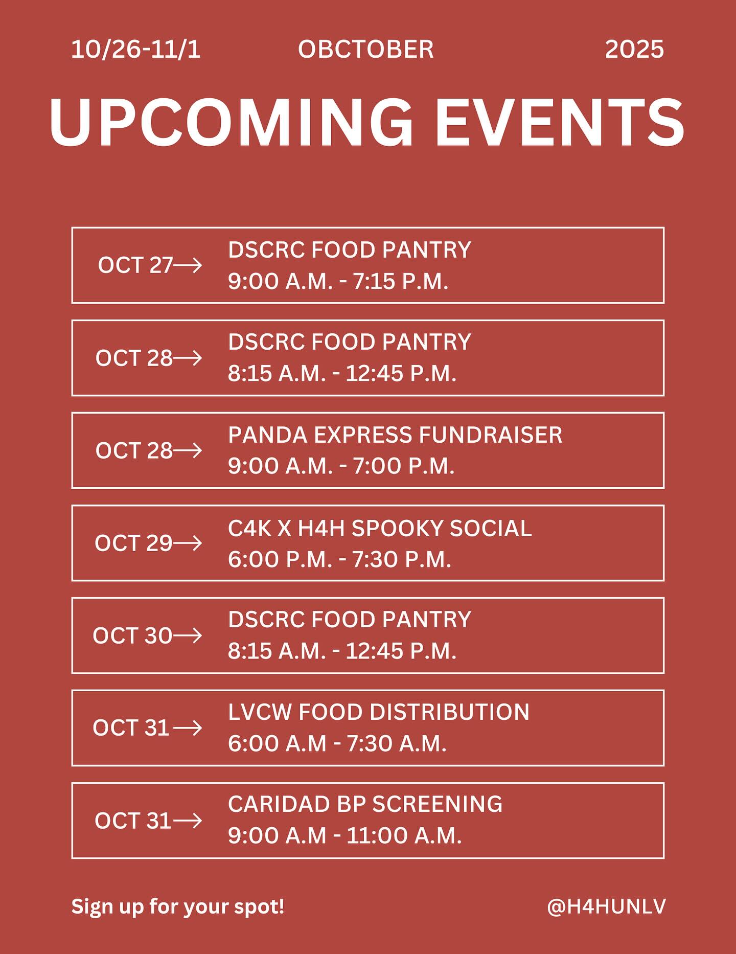 🎃Good afternoon H4H! Fall is in full swing and spooky season is here! 👻Check out this week’s volunteer events, including Panda Express fundraiser on Tuesday and C4K x H4H Spooky Social on Wednesday!
Sign up now at h4hunlv.org or use the link in bio to secure your spot!