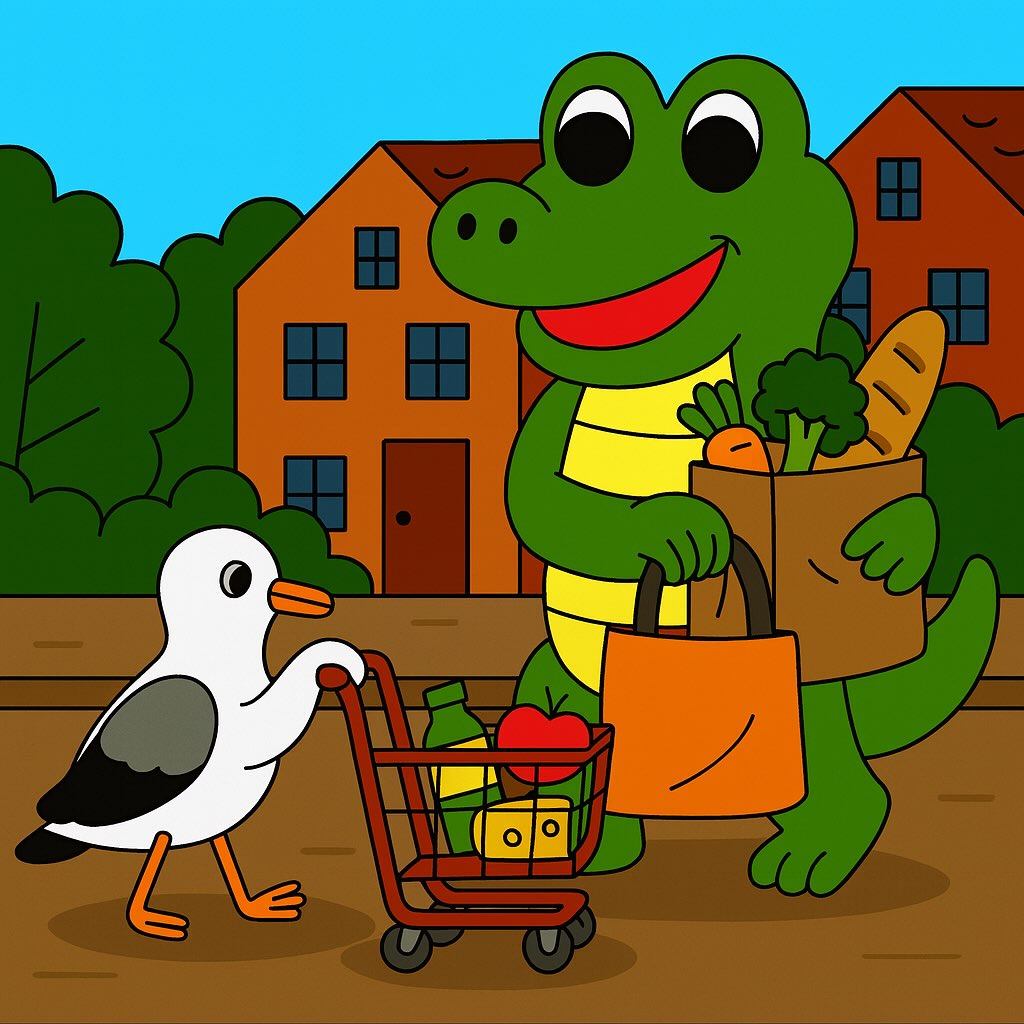 The Bristol Crocodile and his seagull friend are off on their morning shop! 🛒
They’ve got carrots, bread, and broccoli in their bags, getting ready to cook up a feast for their friends tonight. 🍞🥕🧀
What do you think they’ll make for supper? 💚
#BristolCrocodile #ChildrensIllustration #PictureBookArt #BristolArtists #CrocodileAndSeagull #BristolUK #CliftonSuspensionBridge #BristolMums #KidsBooks #IllustrationOfTheDay #StorybookCharacters #WholesomeArt #ShopLocalBristol #ColourfulIllustration #BritishChildrensBooks