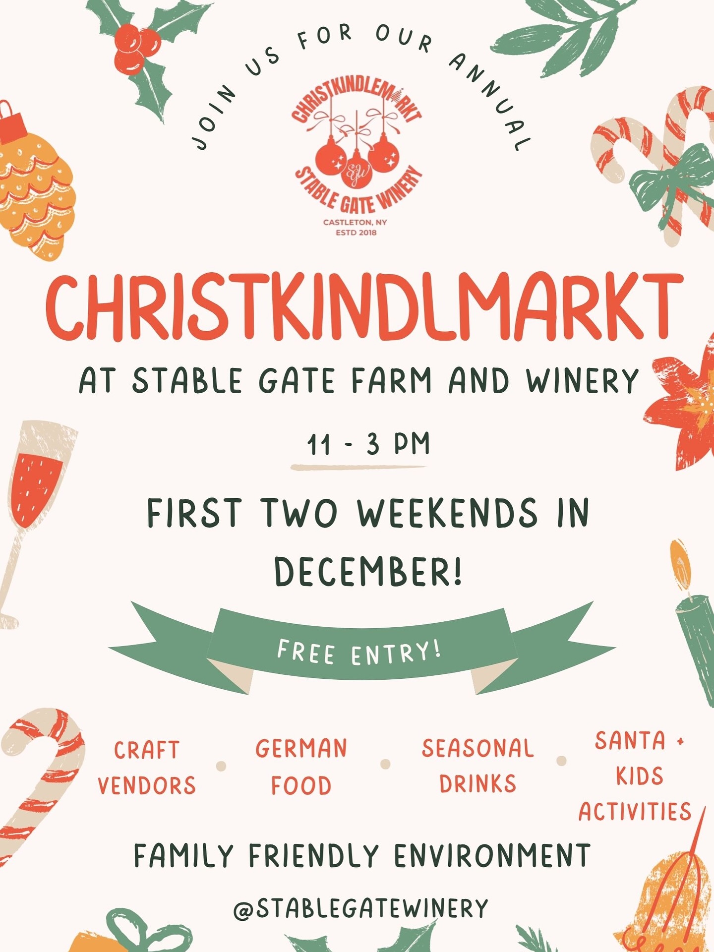 Our most anticipated event is quickly approaching ! Christkindlemarkt, a german themed winter market, where we turn the barn and lawn into a winter wonderland ⛄️
For the first two weekends in December we open our doors to you and yours for local shopping of some of the areas curated handmade vendors 🧤
We will have the fire pits burning, the hot drinks flowing…. did someone say, HOT BUDDERED RUM?! of course german food, sweets, and more… ☕️
We also will have santa there for the kiddos 🎅
Live music every day and even the witches of christmas past will be there 🎶
Do come and join us for this coveted all ages event