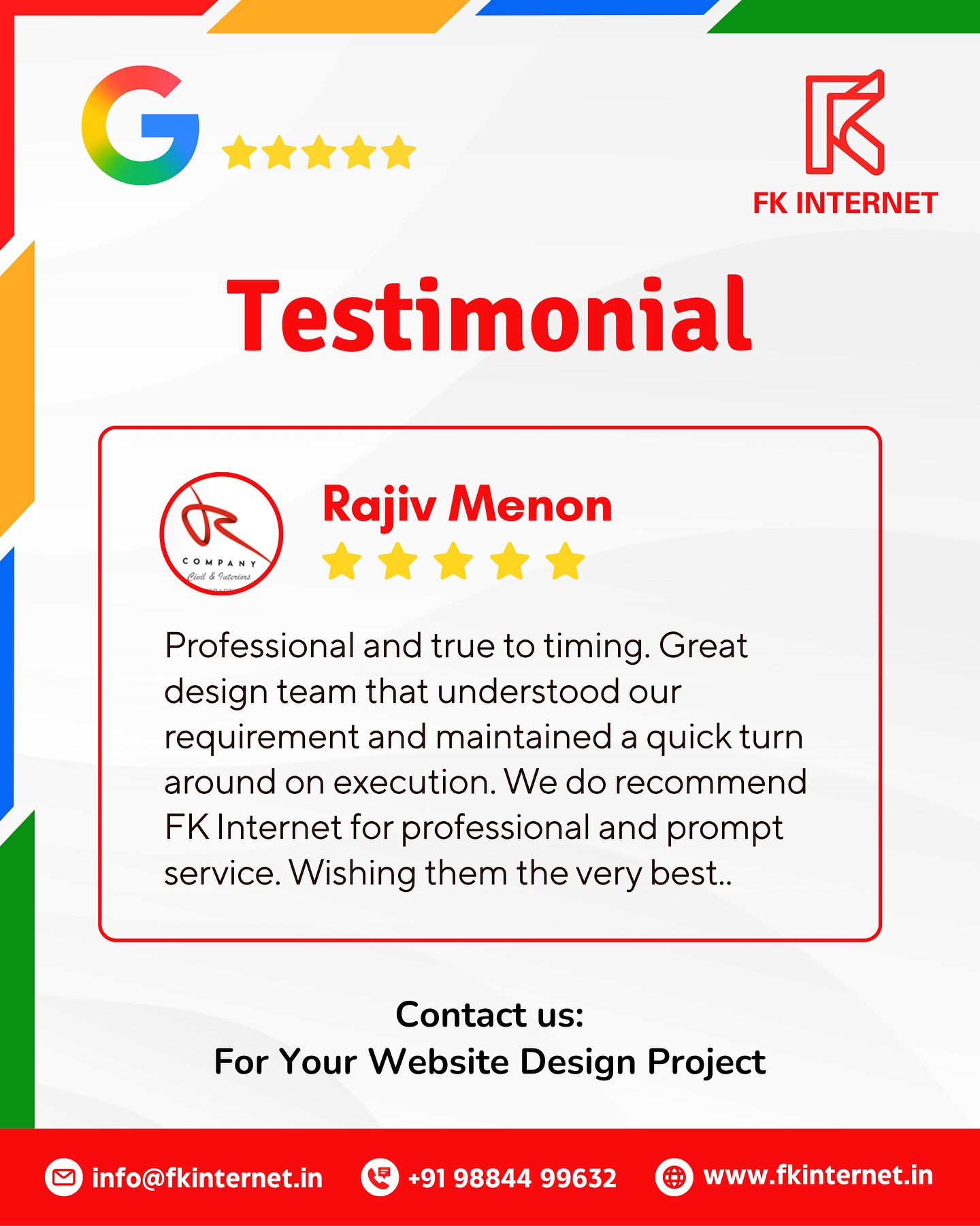 Client words that keep us motivated 💫
Delighted to see our client’s satisfaction and support!
😊Thank you, Rajiv Menon, for trusting FK Internet with your website design project.
We’re glad our focus on design quality and timely delivery made a difference.
#FKInternet #WebsiteDesign #ClientTestimonial #WebDesignAgency #ClientFeedback #WebsiteDesigner #BusinessGrowth #DigitalPresence #WebDevelopment #BrandWebsite