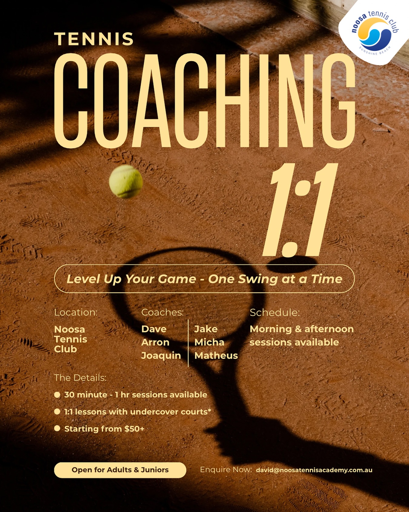 Ever wanted to level up on your swing? At NTC we have 6 coaches available for 1:1 lessons!
Get in touch today with the details above ☝🏼
#tennis #noosatennis #sunshinecoast #tenniscoaching