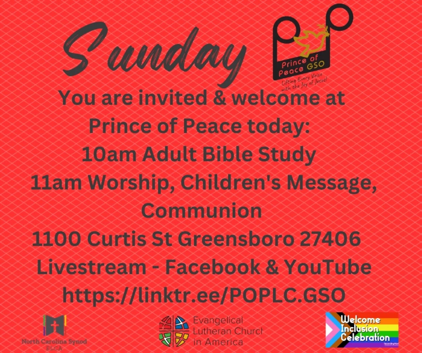 Prince of Peace today #ReformationSunday:
📖 10am Adult Bible Study
✝️ 11am Worship, Children's Message, Communion
➡️ 1100 Curtis St Greensboro 27406
🖥️ Livestream - Facebook & YouTube
https://linktr.ee/POPLC.GSO
You will find the bulletin and lessons at the linktree above or in bio.