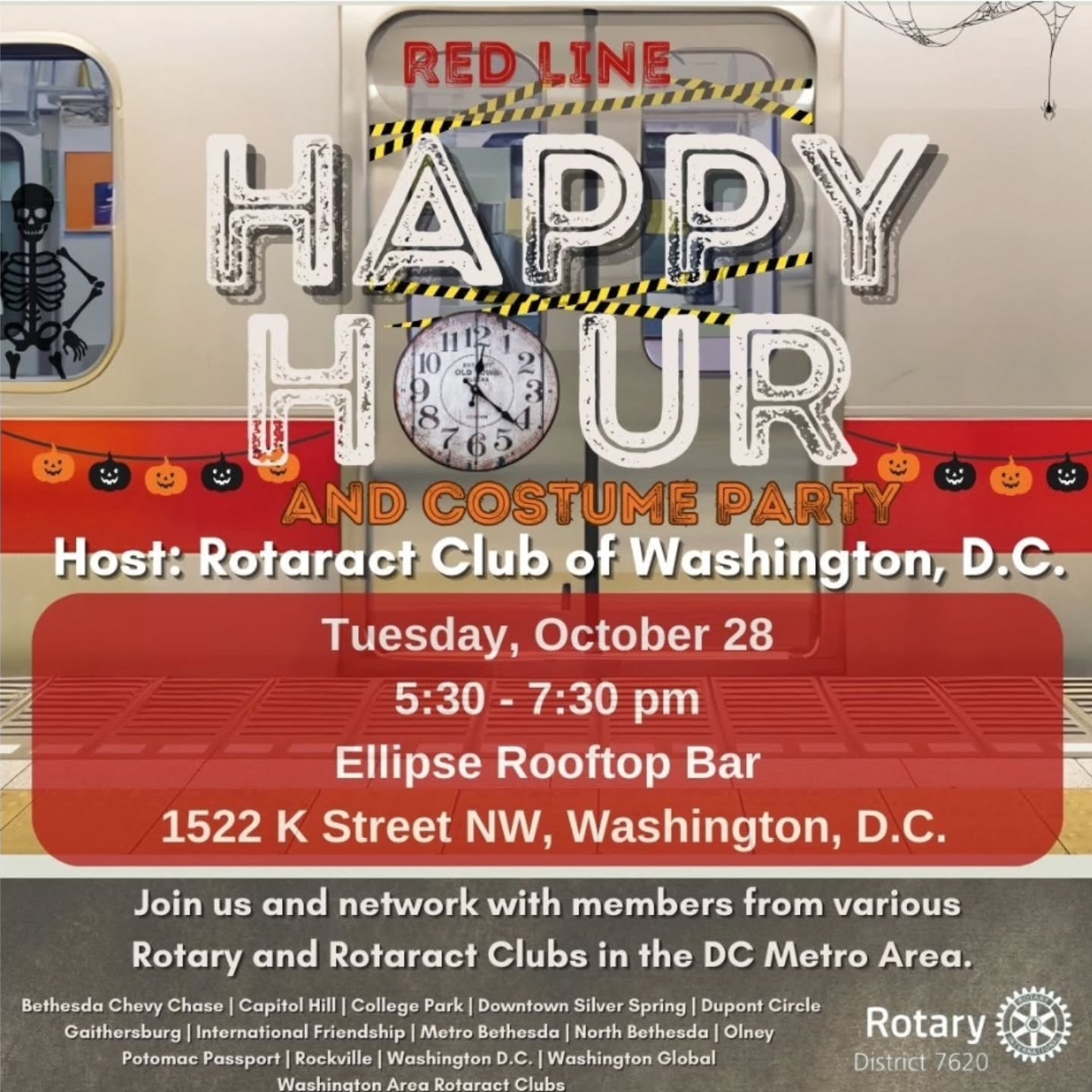 Please join the @rotaractclubofwashingtondc as it hosts the Red Line Happy Hour this month. It will also serve as a costume party. Bring a friend or prospective member or two.
Date: Tues. Oct. 28
Time: 5:30 - 7:30 pm
Place: Ellipse Rooftop Bar, 1522 K St NW, Washington, DC 20005
#dupontrotary #dchappyhour #district7620 #serviceaboveself #fellowship
