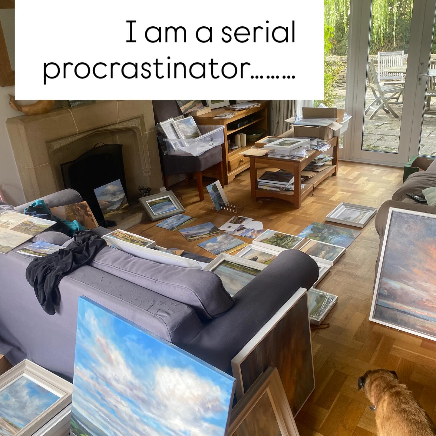 So we are going away tomorrow for two weeks, I’m supposed to be packing, writing a manual for our house Sitter, printing visas and passport copies et cetera et cetera . The problem is I really hate packing even though it’s for a wonderful treat of a holiday. So I’ve put it off, and decided I will “just quickly sort” my framed paintings in readiness for November’s exhibitions. All three of them .
This used to be our sitting room.
Yes,, my husband is still talking to me ….but only just
I’m trying to emulate those wonderful pictures of Artist Studios with all of their neatly stacked paintings on drying racks or in organised shelving or plan chests…. But all I can manage is the Artist equivalent of a “floordrobe” 🤣🤣🤣
do you keep an eye out on my Instagram for info regarding my upcoming exhibitions – 2 will be in Cheltenham and one in Cirencester. If nothing else, there will be three nice evening parties associated with them, and I will have my paintings hanging somewhere over Christmas so we can have our sitting room back!
#popupgallery #chaostheory #arteverywhere #exhibitionready #artavailable #cotswoldartist #contemporaryart