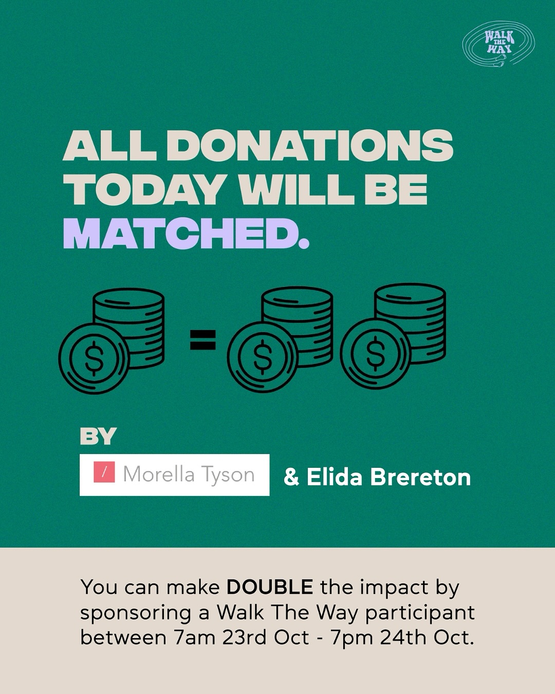 ALL DONATIONS WILL DOUBLE THIS WEEKEND or till matching funds run out 🎉 Thanks to our amazing sponsors Morella Tyson and Elida Brereton
Morella Tyson is an experienced boutique Charting Accounting firm who have been very generous to be our Walk The Way matching sponsors for a 3rd year!
Elida Brereton, a former Mustard Board Member continues to be a generous supporter of Mustard.
Matching period: 6pm 23rd Oct - 6pm 25th Oct or till funds are absorbed
for EVERY DOLLAR YOU DONATE to Walk The Way, Morella Tyson and Elida Brereton will DONATE A DOLLAR TOO! 👏🏻👏🏻👏🏻
DONATE NOW - Link in Bio