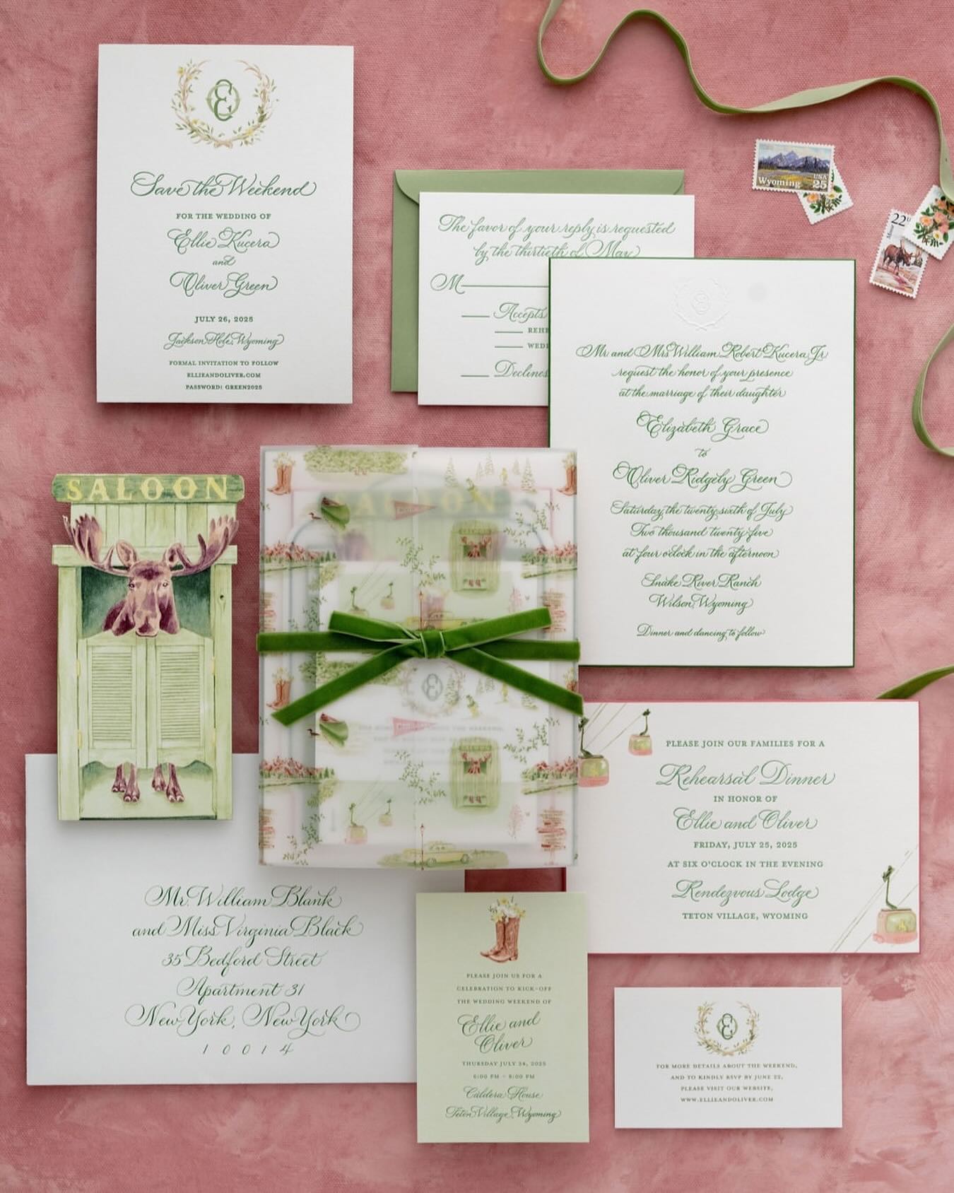 For @xowyopaper
Repost from @xowyopaper
•
Ellie and Oliver’s invitation suite was the perfect blend of timeless and personal — a colorful toile sprinkled with subtle nods to Jackson, where the bride grew up. They wanted something classic, not overly western, so we paired elegant custom calligraphy and thick cotton paper with personalized watercolors. Hidden in the toile: antlers, mountain wildflowers, the two of them skiing, the Colgate flag where they met, and a yellow taxi for their life in NYC. For the after-party, guests were treated to a die-cut invitation featuring a moose peeking out from swinging saloon doors — a nod to The Mangy Moose, Jackson’s iconic après-ski bar and the scene of their late-night celebration.
Photography @corbingurkin
Styling @_shiramisu
Stationery @xowyopaper
Bride @egkucera
Planner @lisa.mack.events
Calligraphy @kei.haniyacalligraphy
Watercolors @studioluzance