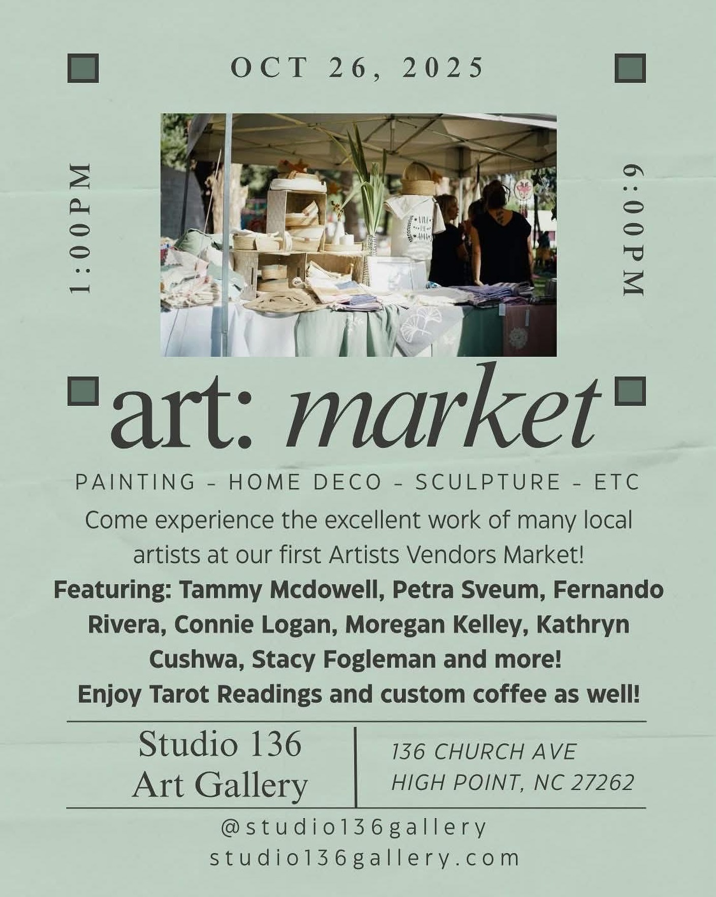 🎨
Join us Sunday October 26th from 1–6 PM at @studio136gallery for our very first Art: Market — a vibrant celebration of local creativity!
Visit my studio space @garysimonci & @terri.millard @page_art.studios @meghansink22
Explore incredible paintings, sculptures, and home décor from talented local artists including Tammy Mcdowell, Petra Sveum, Fernando Rivera, Connie Logan, Moregan Kelley, Kathryn Cushwa, Stacy Fogleman, Laurie Mendenhall and more!
☕ Enjoy custom coffee, tarot readings, and a one-of-a-kind art experience in the heart of High Point.
📍136 Church Ave, High Point, NC
www.studio136gallery.com
🎨
#ArtMarket #HighPointNC #LocalArtists #Studio136Gallery #SupportLocalArt #CreativeCommunity #ShopLocal #garysimonci @connieloganart