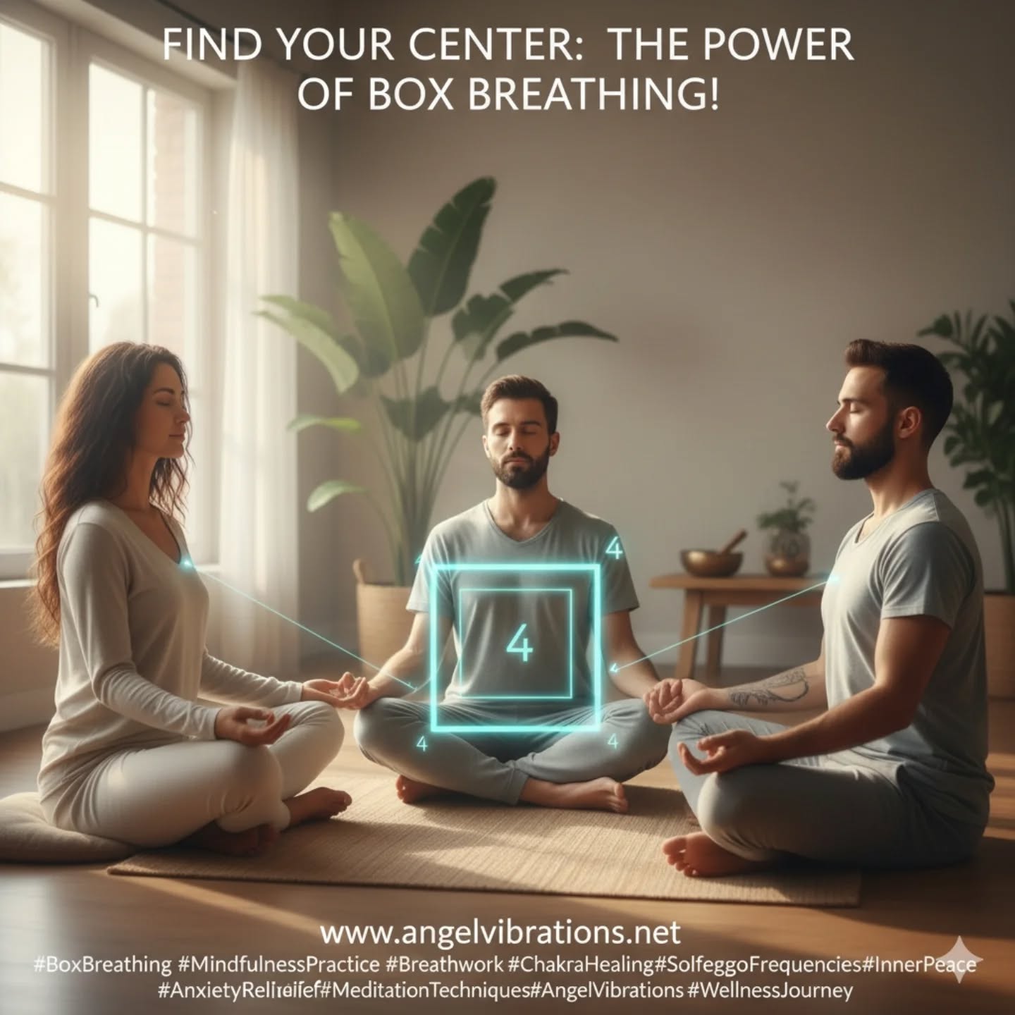 🌬️ Find Your Center: The Power of Box Breathing!
Feeling overwhelmed or simply need to regain focus? Box breathing is a simple yet incredibly effective technique used by Navy SEALs to stay calm under pressure – and it can work wonders for you too!
How to do it:
Imagine drawing a box with your breath:
Exhale all the air out of your lungs for a count of 4.
Hold your breath (lungs empty) for a count of 4.
Inhale slowly through your nose for a count of 4.
Hold your breath (lungs full) for a count of 4.
Repeat this cycle several times to feel a profound sense of calm and clarity.
It's a quick way to enhance your mindfulness and bring balance back into your day!
✨ Dive Deeper into Your Inner World! ✨
Curious about how breathwork harmonizes with your Chakras, the healing power of Solfeggio Frequencies, and practical tips for a mindful life?
➡️ Explore more transformative content on our blog:
www.angelvibrations.net
Top Hashtags for Reach:
#BoxBreathing
#MindfulnessPractice
#Breathwork
#ChakraHealing
#SolfeggioFrequencies
#InnerPeace
#AnxietyRelief
#MeditationTechniques
#AngelVibrations
#WellnessJourney
