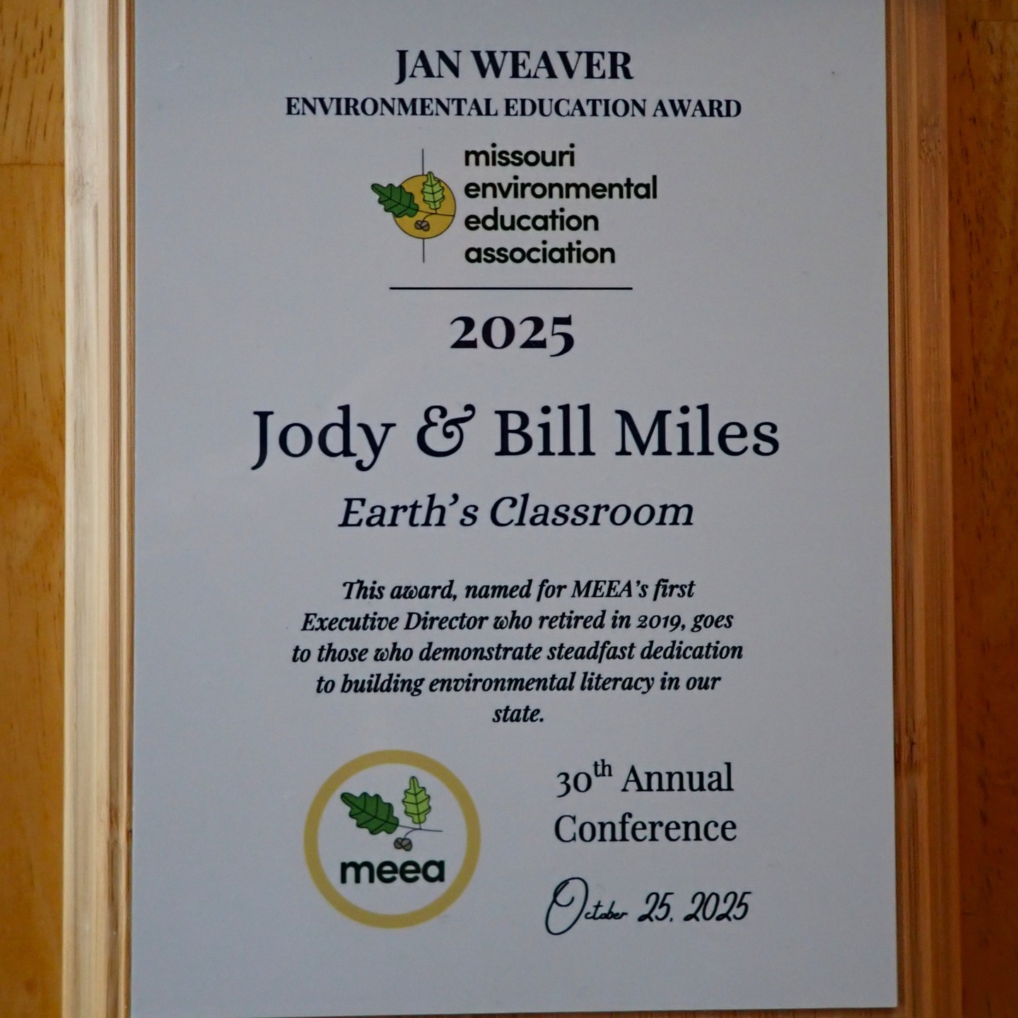 Earth's Classroom was deeply honored this past weekend, during the 30th annual Missouri Environmental Education Association (MEEA) Conference, held in Jefferson City, to be recognized for our work of outdoor education since 1999.
It is a passion of ours to inspire all ages just how unique, phenomenally interesting, and important our natural and cultural resources are. These resources have such fascinating stories. We thoroughly enjoy sharing them.
It was such an honor to be nominated and voted for the Jan Weaver EE Award. Congratulations to all the award recipients. And thank you to MEEA for all your work.