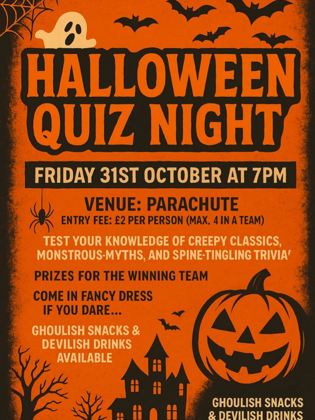 Our Halloween quiz night is coming up !!
This Friday, we have our quiz happening at 7 pm for £2 per person with a max of 4 people per team. Fancy coming along? send us a message here on Facebook or Instagram to book your spot.
We hope to see you there !!